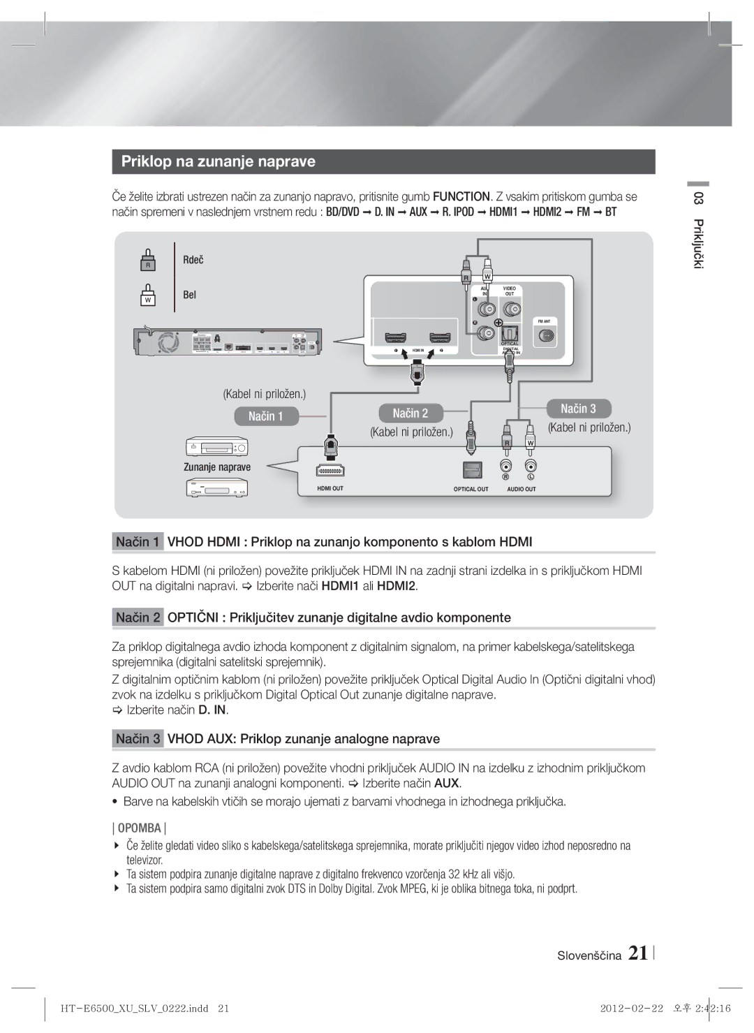 Samsung HT-E6500/EN manual Priklop na zunanje naprave, Kabel ni priložen, Bel, Zunanje naprave 