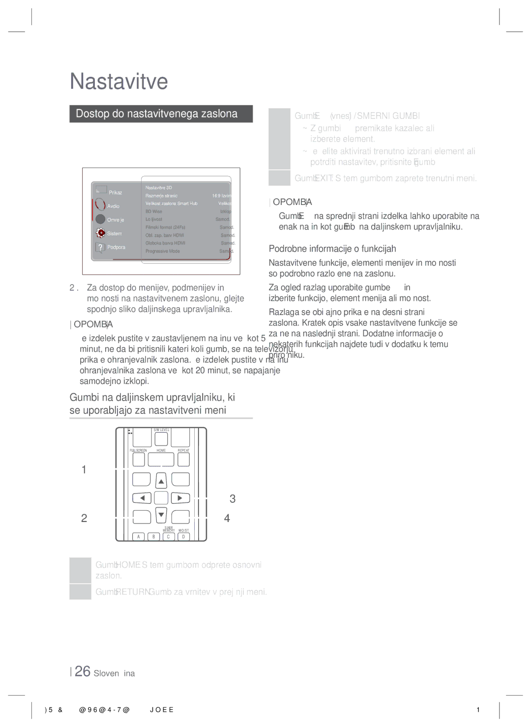 Samsung HT-E6500/EN manual Dostop do nastavitvenega zaslona, Gumb Exit S tem gumbom zaprete trenutni meni 