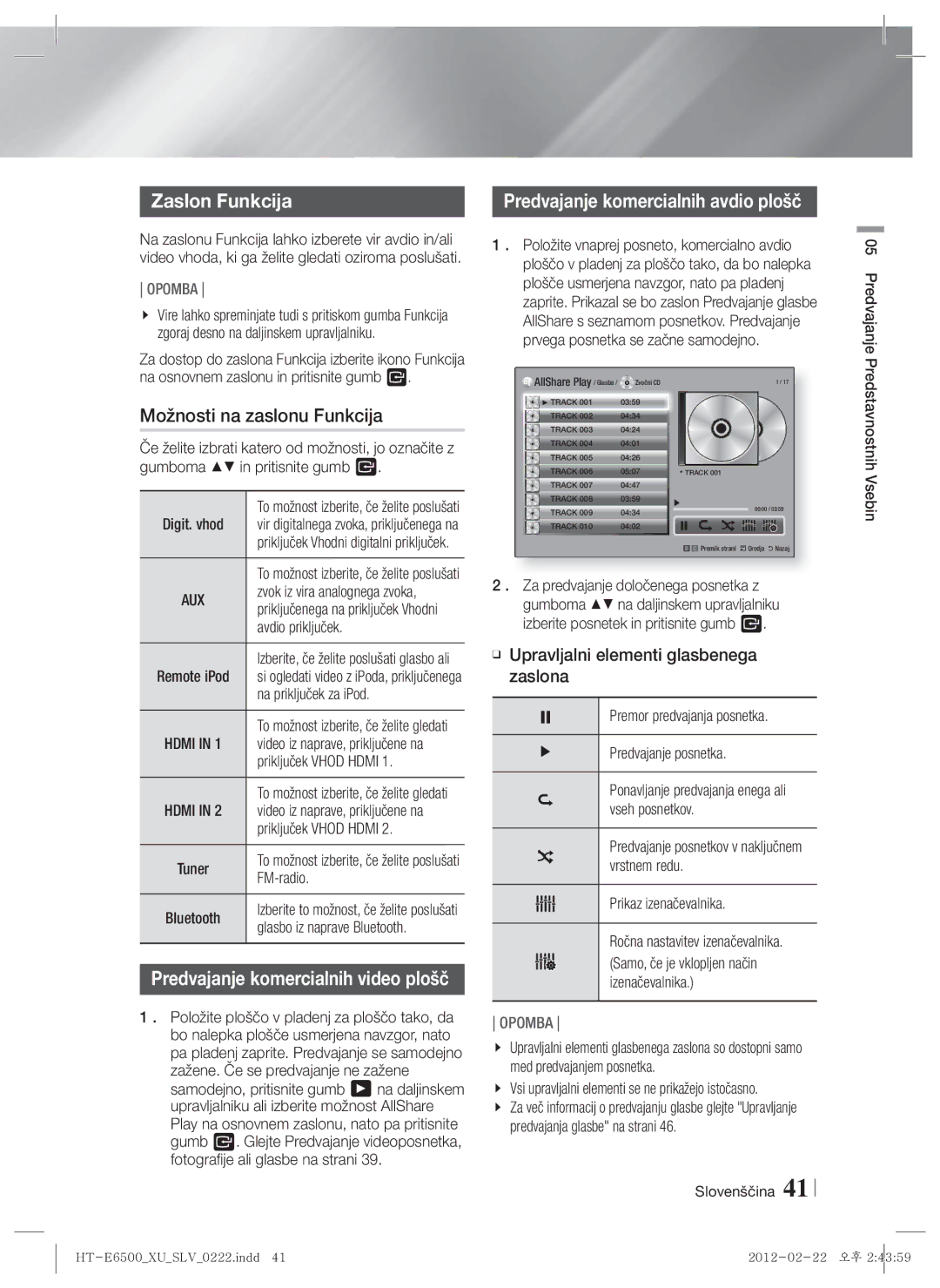 Samsung HT-E6500/EN manual Zaslon Funkcija, Možnosti na zaslonu Funkcija, Predvajanje komercialnih avdio plošč 