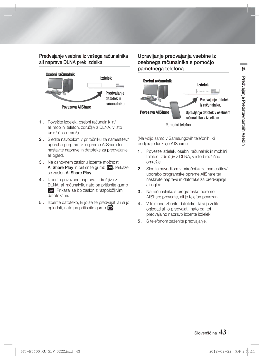 Samsung HT-E6500/EN manual Osebni računalnik Izdelek, Povezava AllShare Iz računalnika, Pametni telefon 