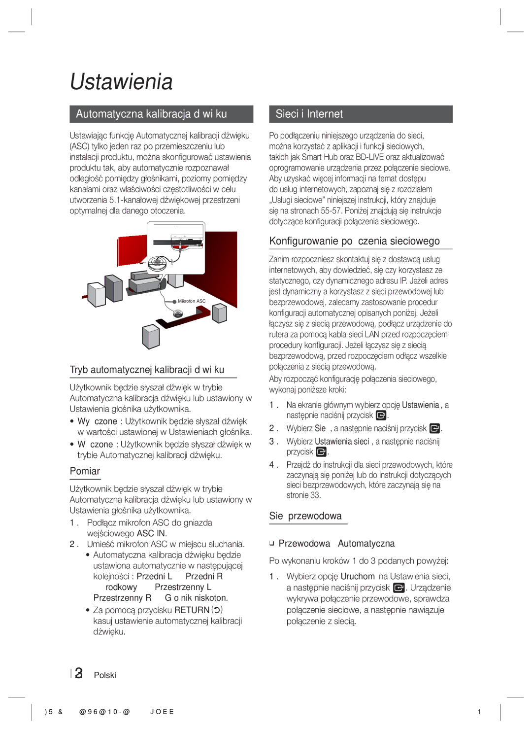 Samsung HT-E6500/EN manual Automatyczna kalibracja dźwięku, Konfigurowanie połączenia sieciowego, Pomiar, Sieć przewodowa 