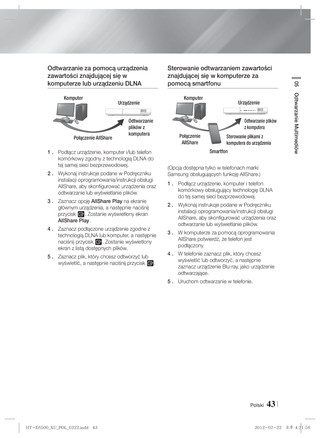 Samsung HT-E6500/EN manual Komputer Urządzenie, Sterowanie plikami z, Smartfon, Polski Odtwarzanie Multimediów 