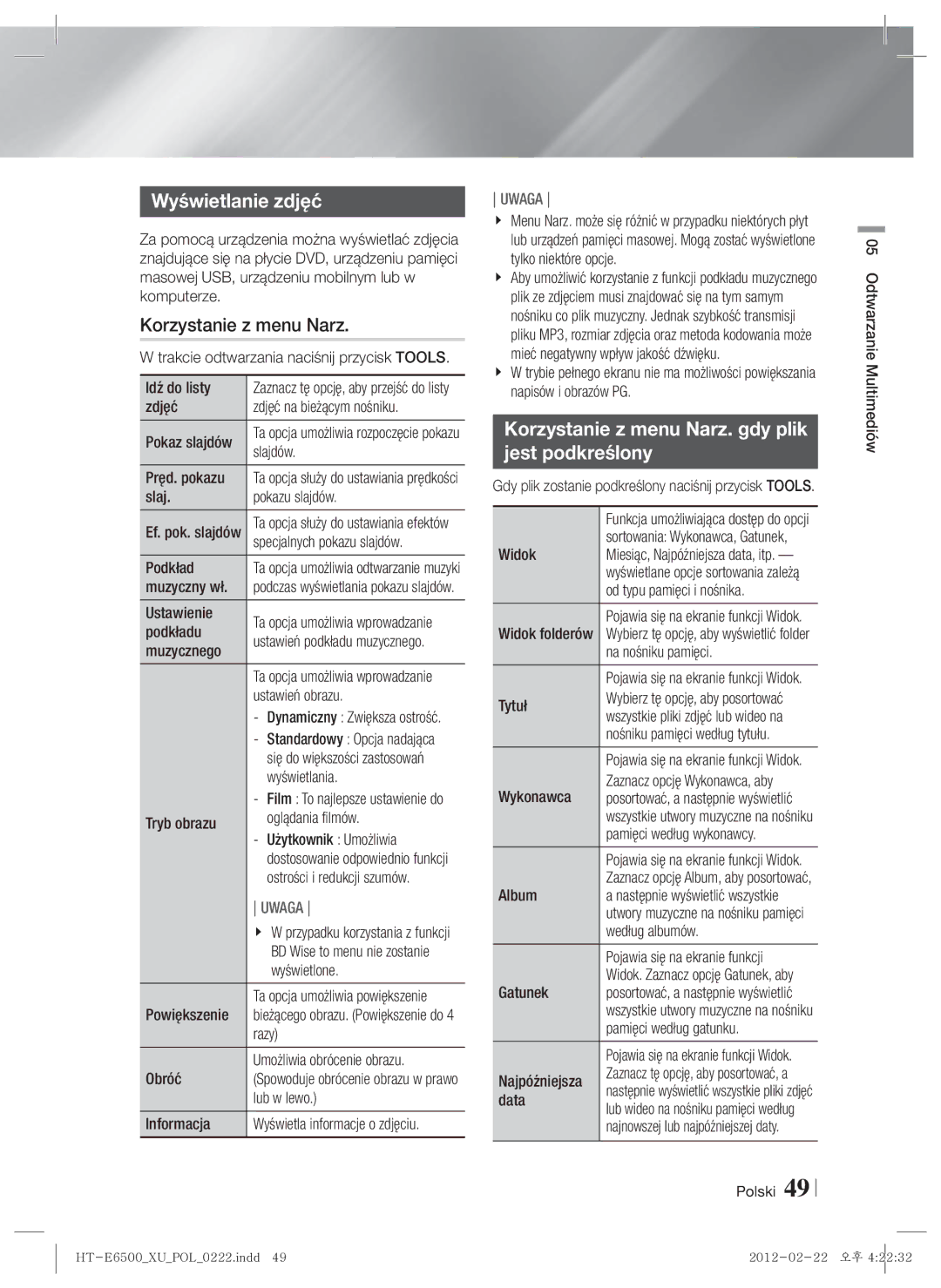 Samsung HT-E6500/EN manual Wyświetlanie zdjęć, Korzystanie z menu Narz. gdy plik Jest podkreślony 