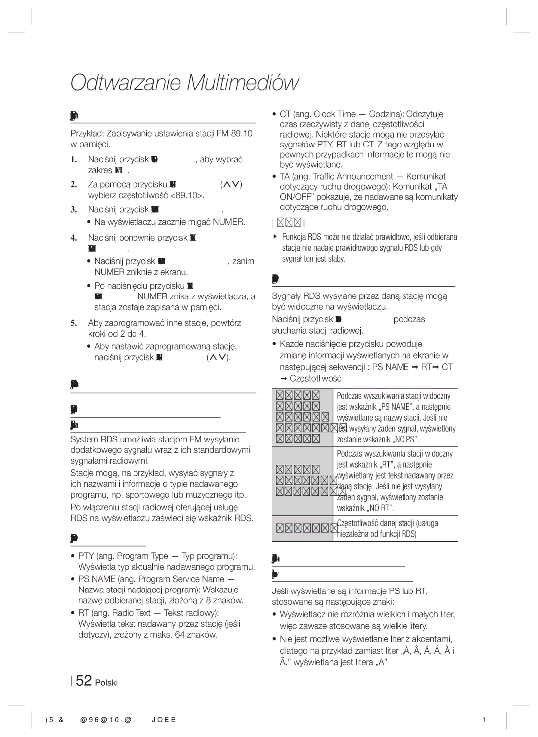 Samsung HT-E6500/EN manual Programowanie stacji, Informacje o usłudze RDS, Opis funkcji RDS 