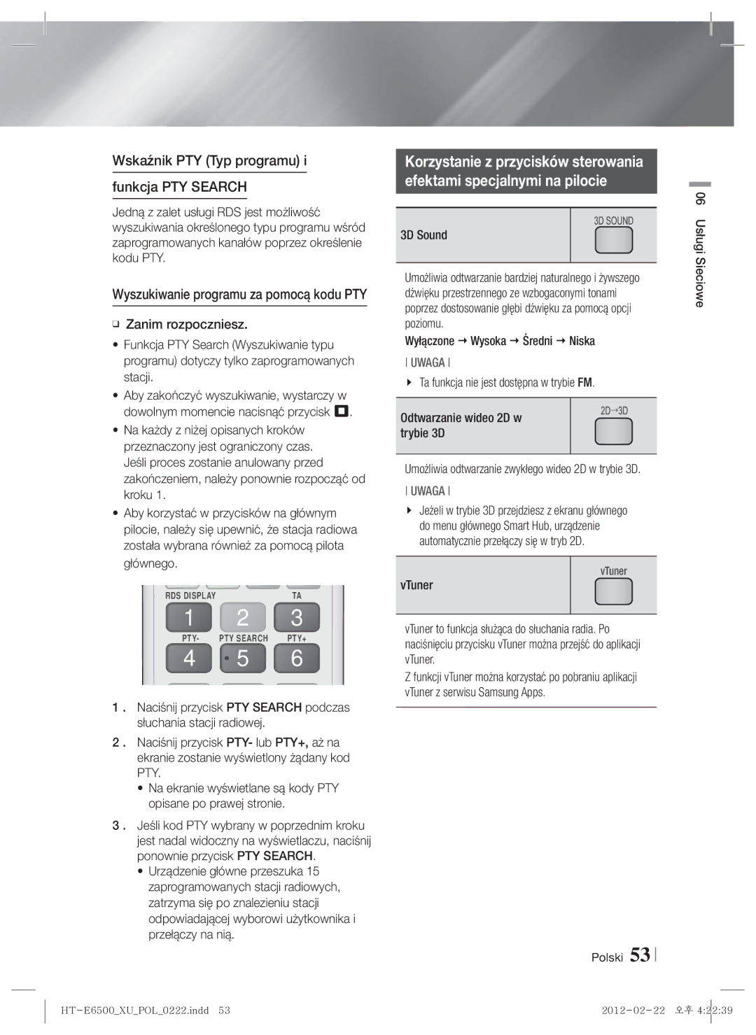 Samsung HT-E6500/EN manual Wskaźnik PTY Typ programu Funkcja PTY Search, 3D Sound, Wyłączone  Wysoka  Średni  Niska 