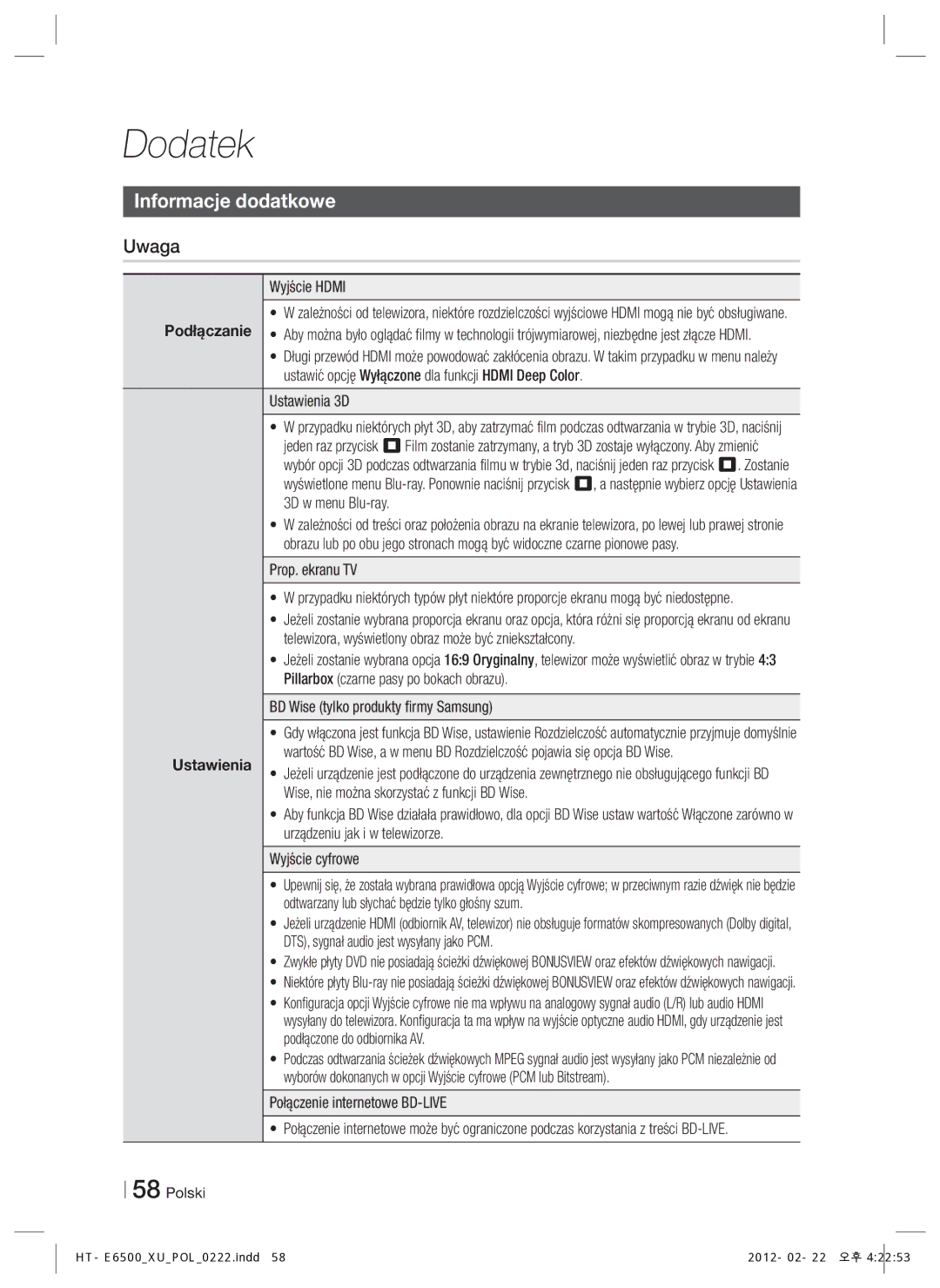 Samsung HT-E6500/EN manual Dodatek, Informacje dodatkowe, Uwaga 