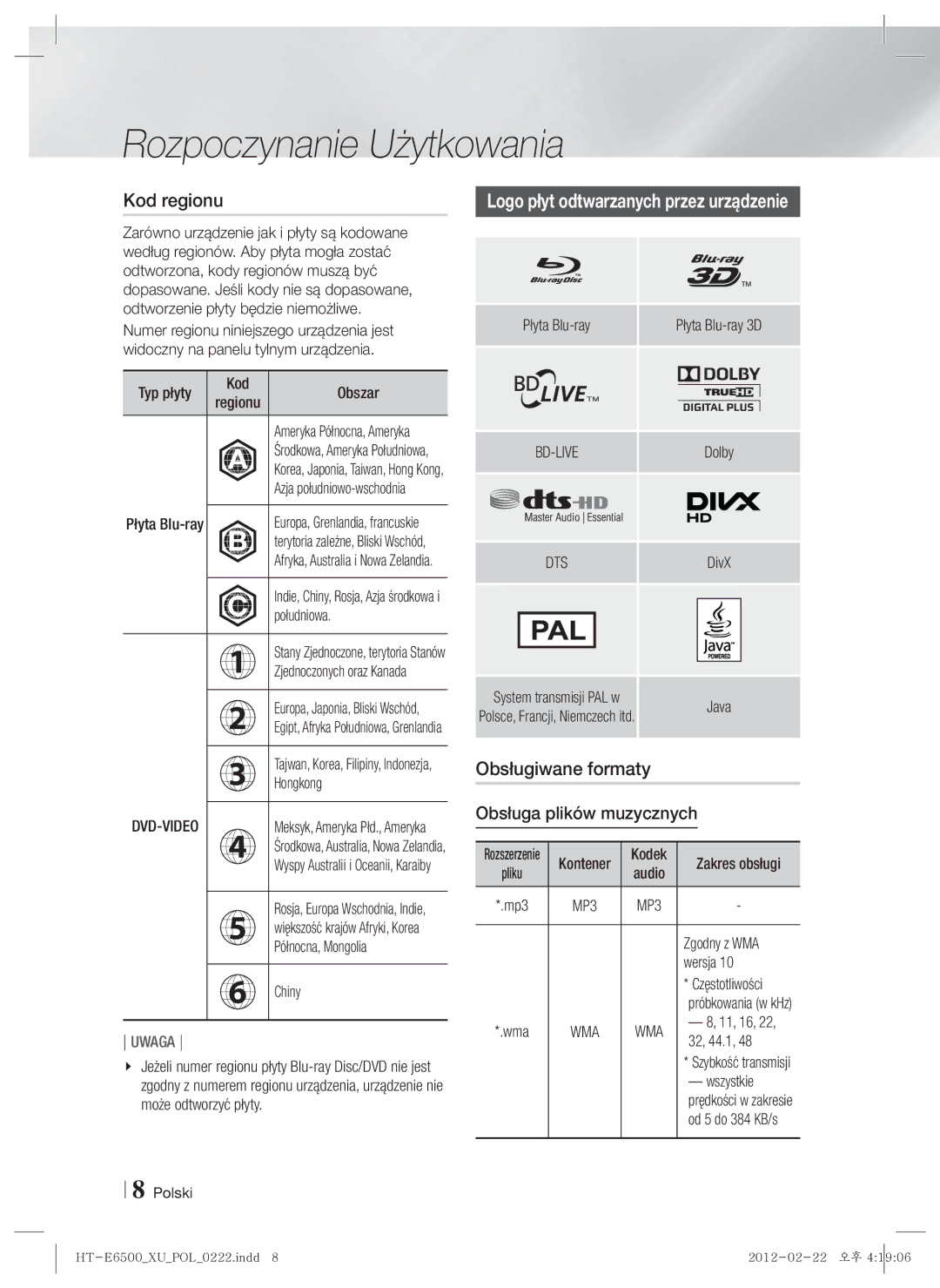 Samsung HT-E6500/EN Kod regionu, Logo płyt odtwarzanych przez urządzenie, Obsługiwane formaty, Obsługa plików muzycznych 