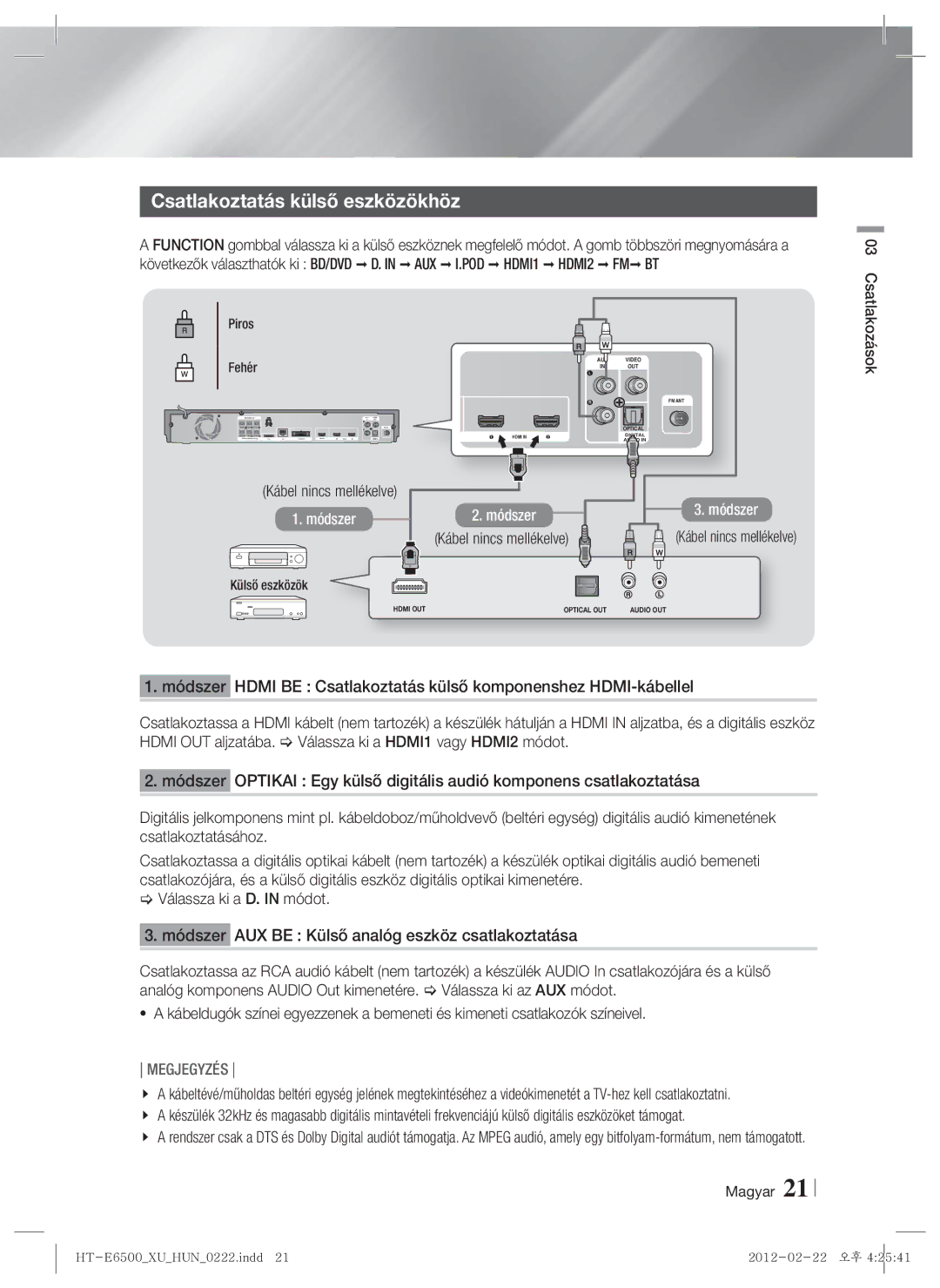 Samsung HT-E6500/EN manual Csatlakoztatás külső eszközökhöz, Piros, Fehér Kábel nincs mellékelve, Külső eszközök 