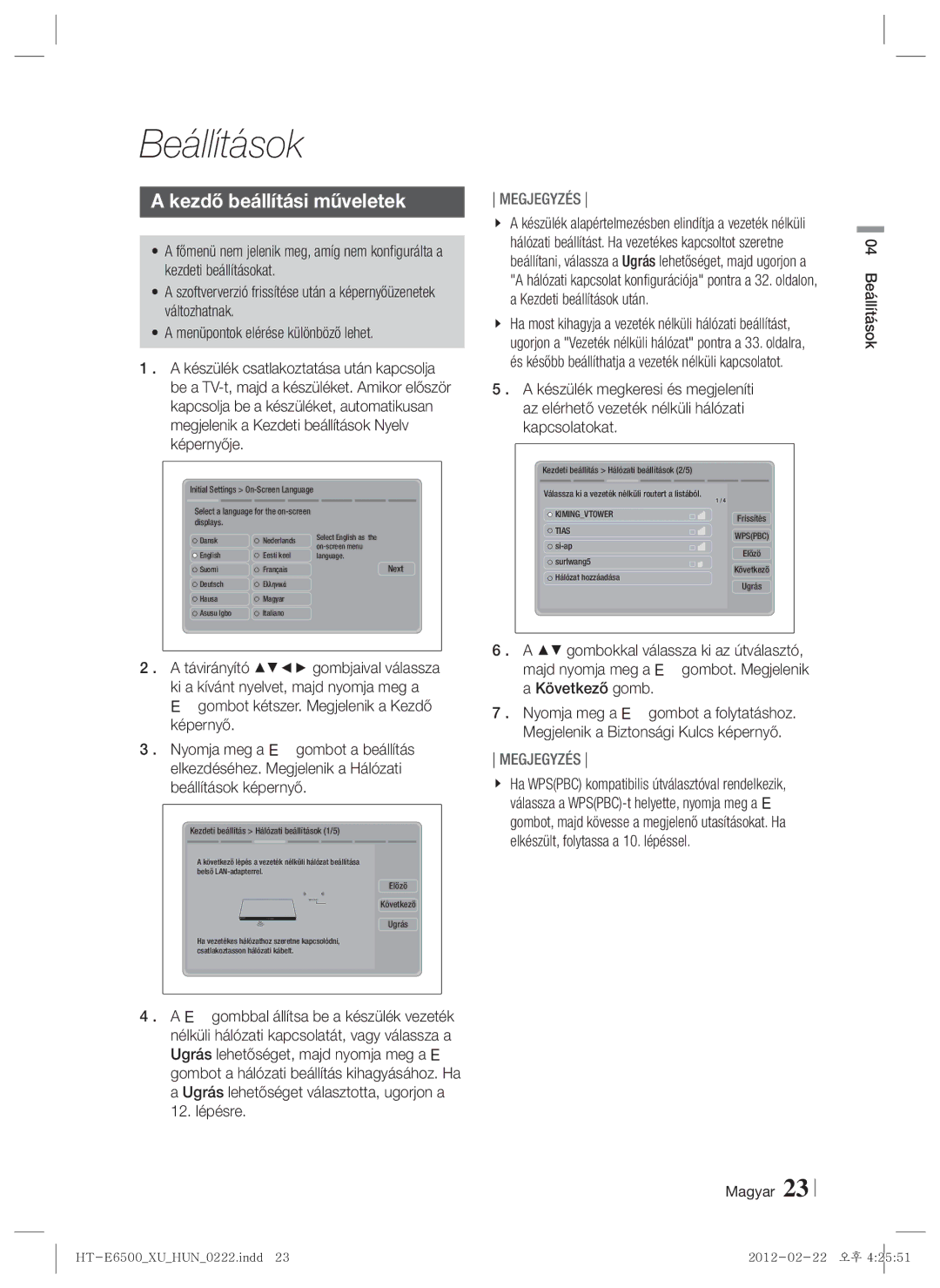 Samsung HT-E6500/EN manual Beállítások, Kezdő beállítási műveletek 