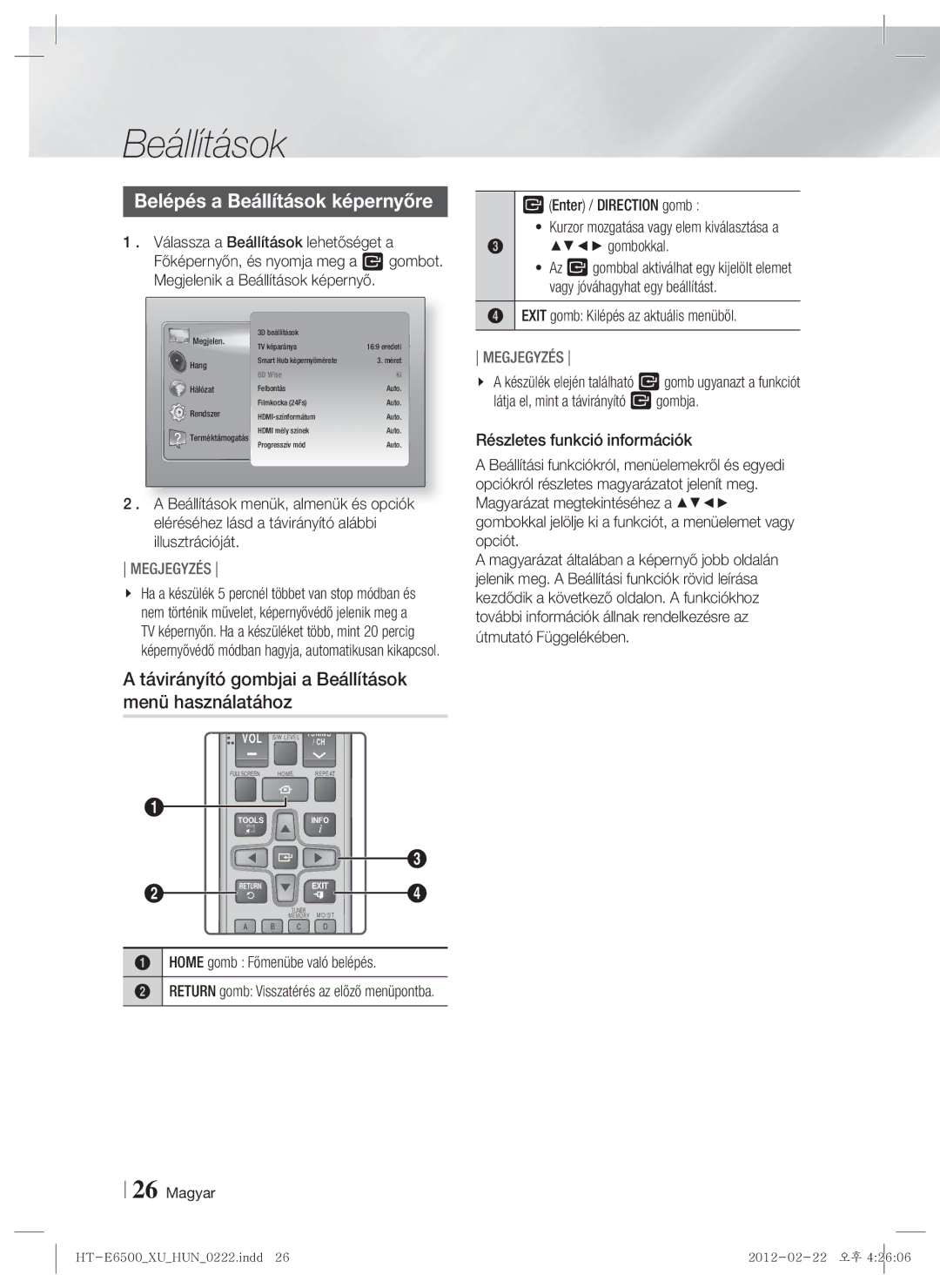 Samsung HT-E6500/EN manual Belépés a Beállítások képernyőre, Távirányító gombjai a Beállítások menü használatához 