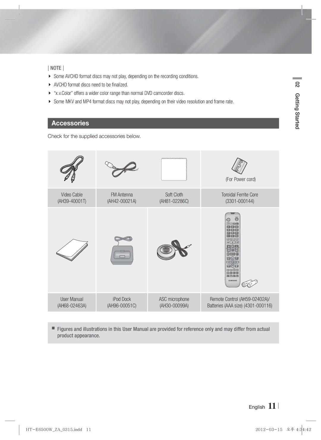 Samsung HTE6500WZA, HT-E6500W user manual Accessories, Check for the supplied accessories below For Power cord 