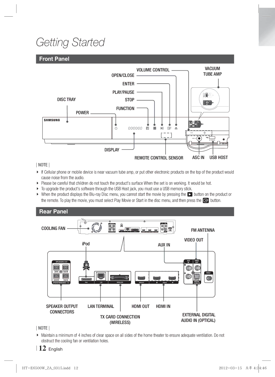 Samsung HT-E6500W, HTE6500WZA user manual Front Panel, Rear Panel 