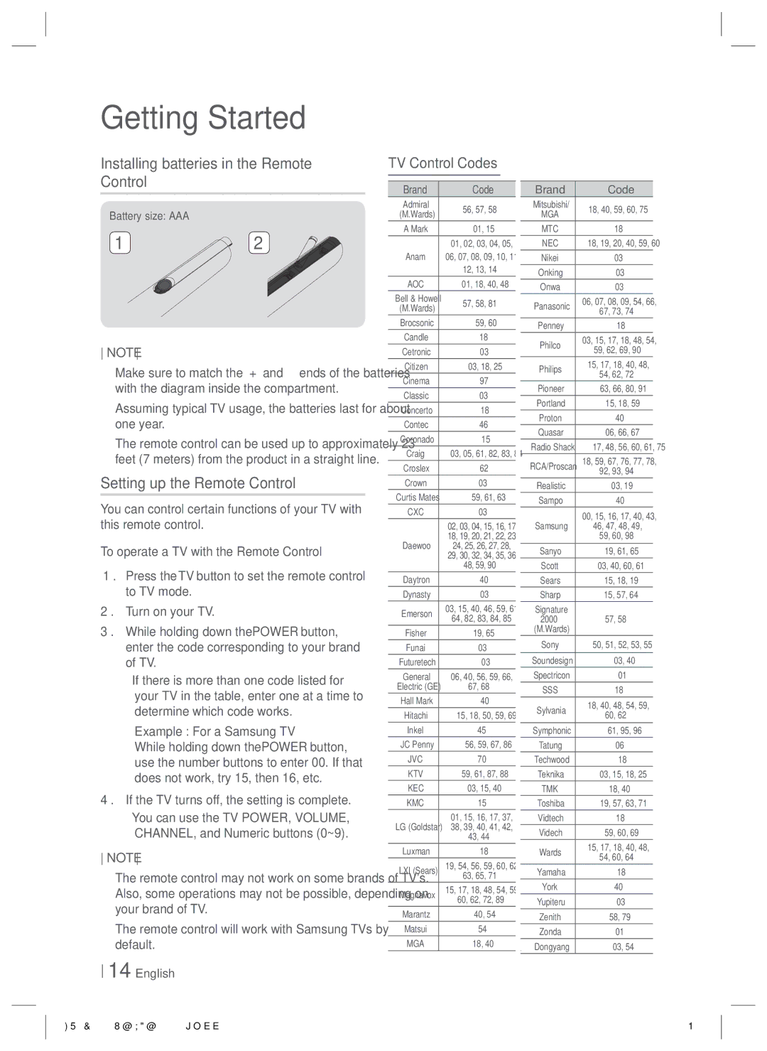 Samsung HT-E6500W, HTE6500WZA Installing batteries in the Remote Control, Setting up the Remote Control, TV Control Codes 