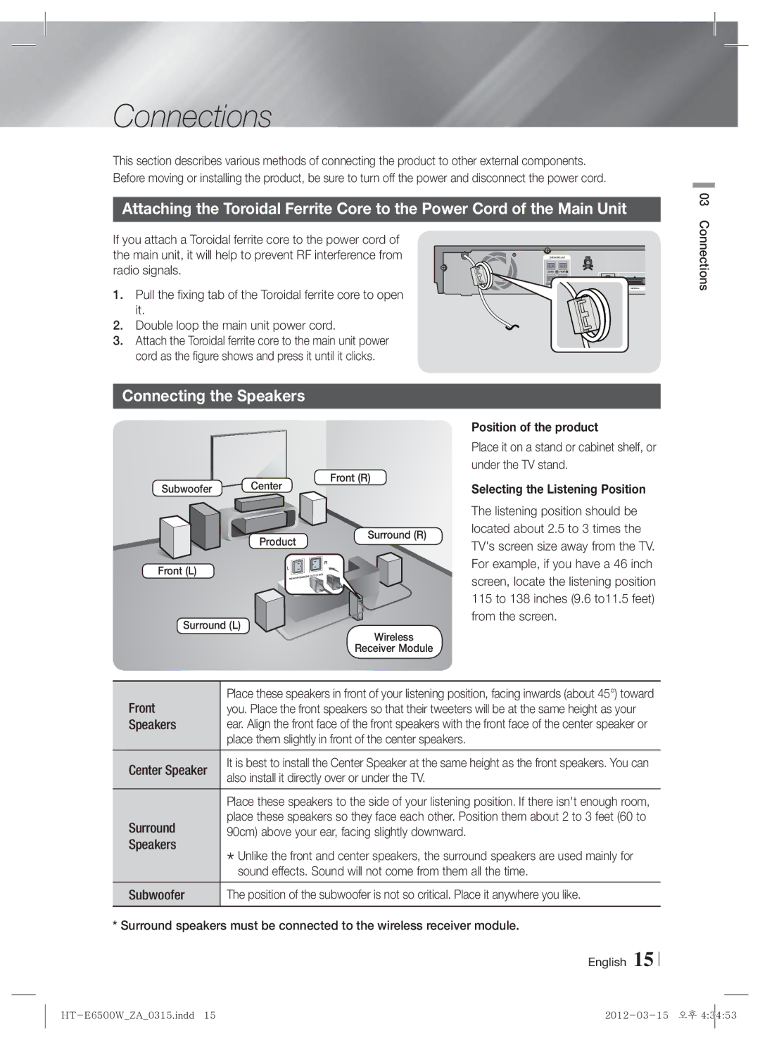 Samsung HTE6500WZA Connections, Connecting the Speakers, Position of the product, Selecting the Listening Position 