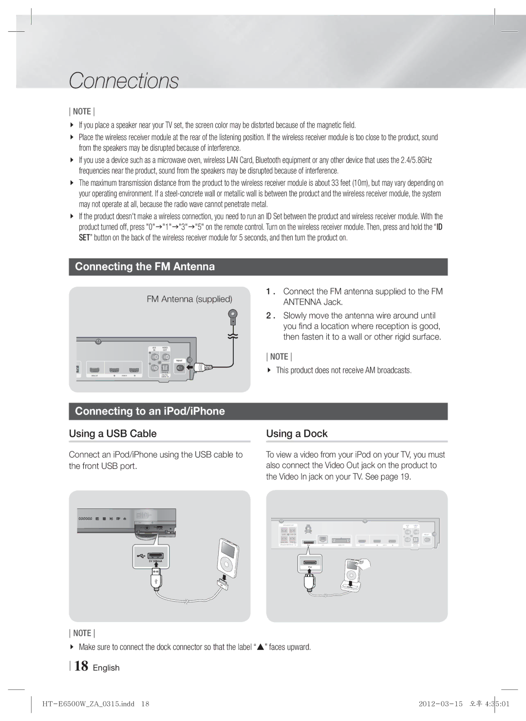 Samsung HT-E6500W, HTE6500WZA Connecting the FM Antenna, Connecting to an iPod/iPhone, Using a USB Cable, Using a Dock 