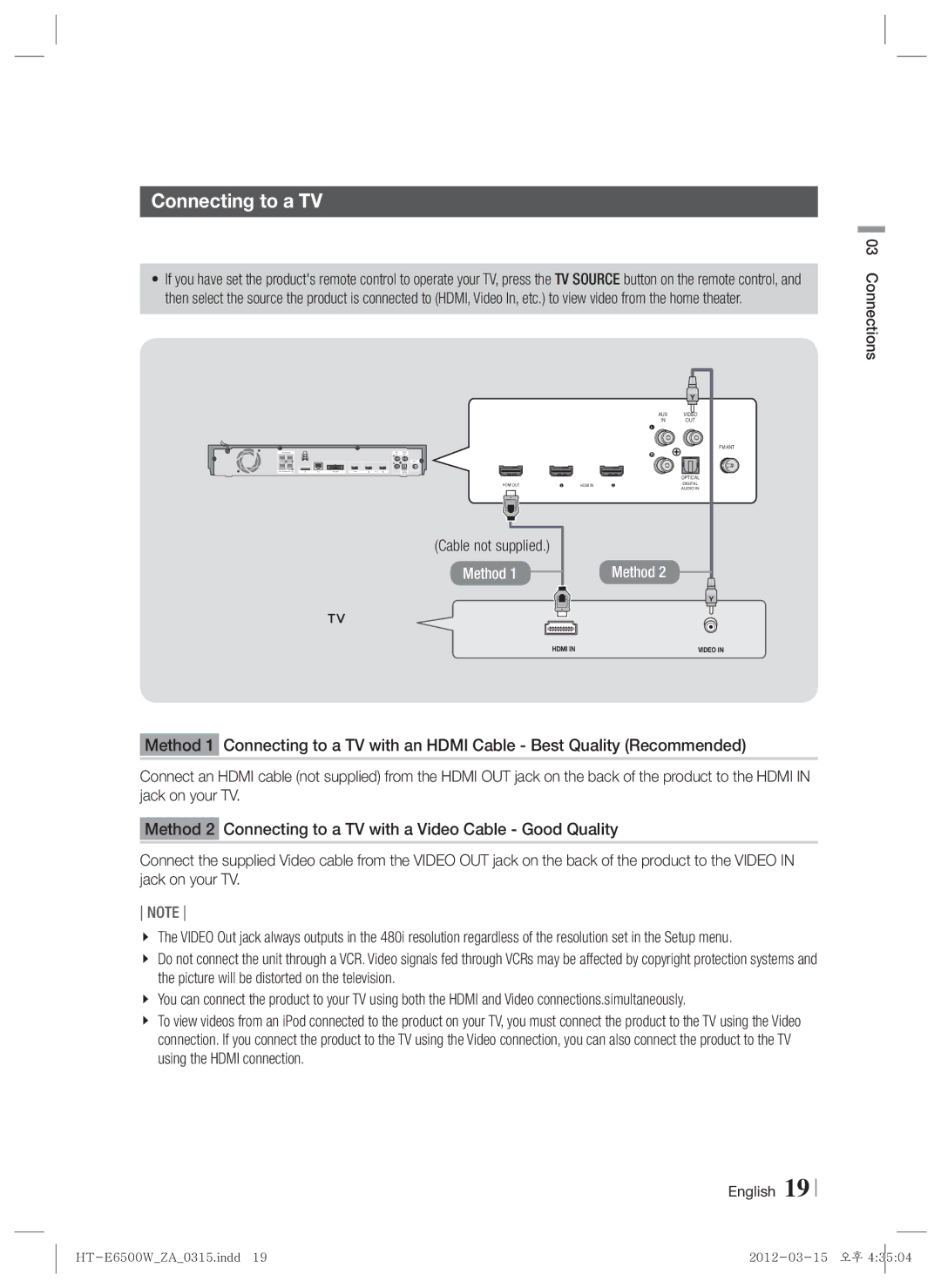 Samsung HTE6500WZA, HT-E6500W user manual Connecting to a TV, Select either Method 1 or Method, Cable not supplied 