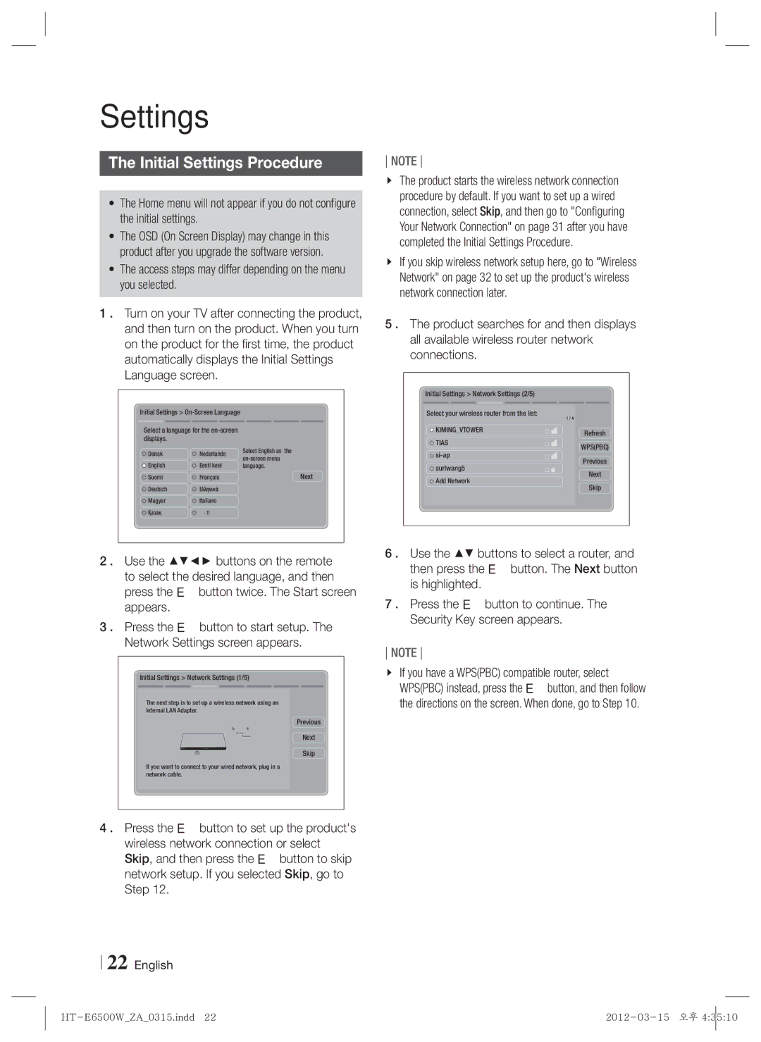 Samsung HT-E6500W, HTE6500WZA Initial Settings Procedure, Access steps may differ depending on the menu you selected 