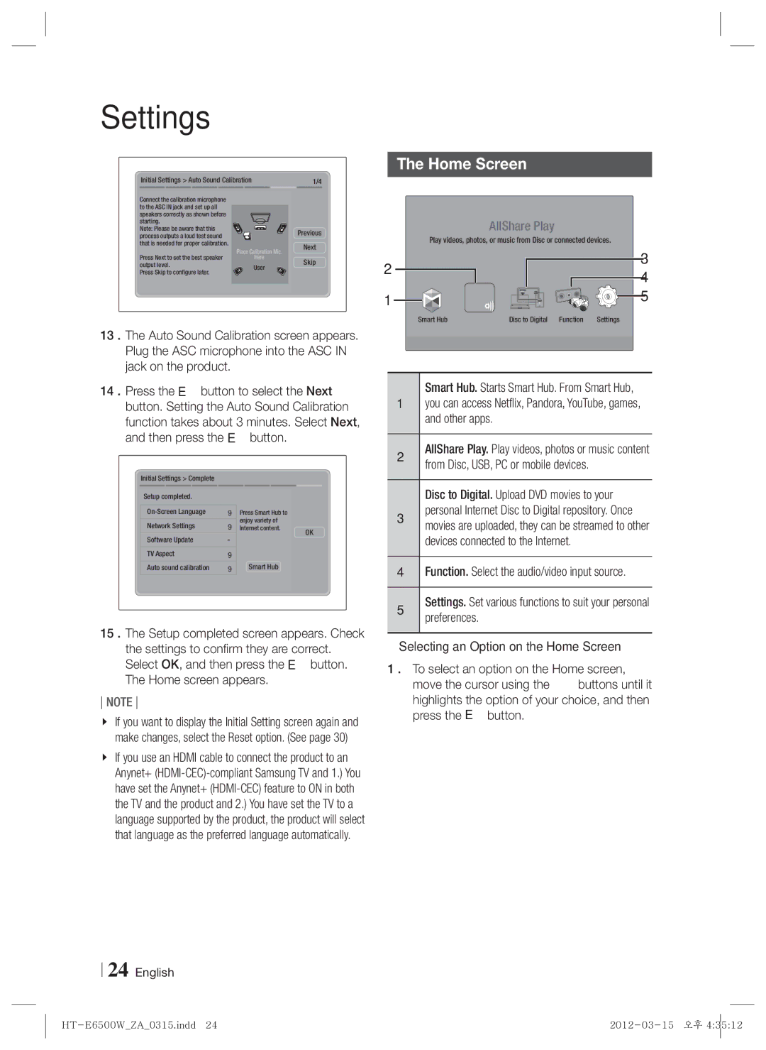 Samsung HT-E6500W, HTE6500WZA user manual Home Screen 