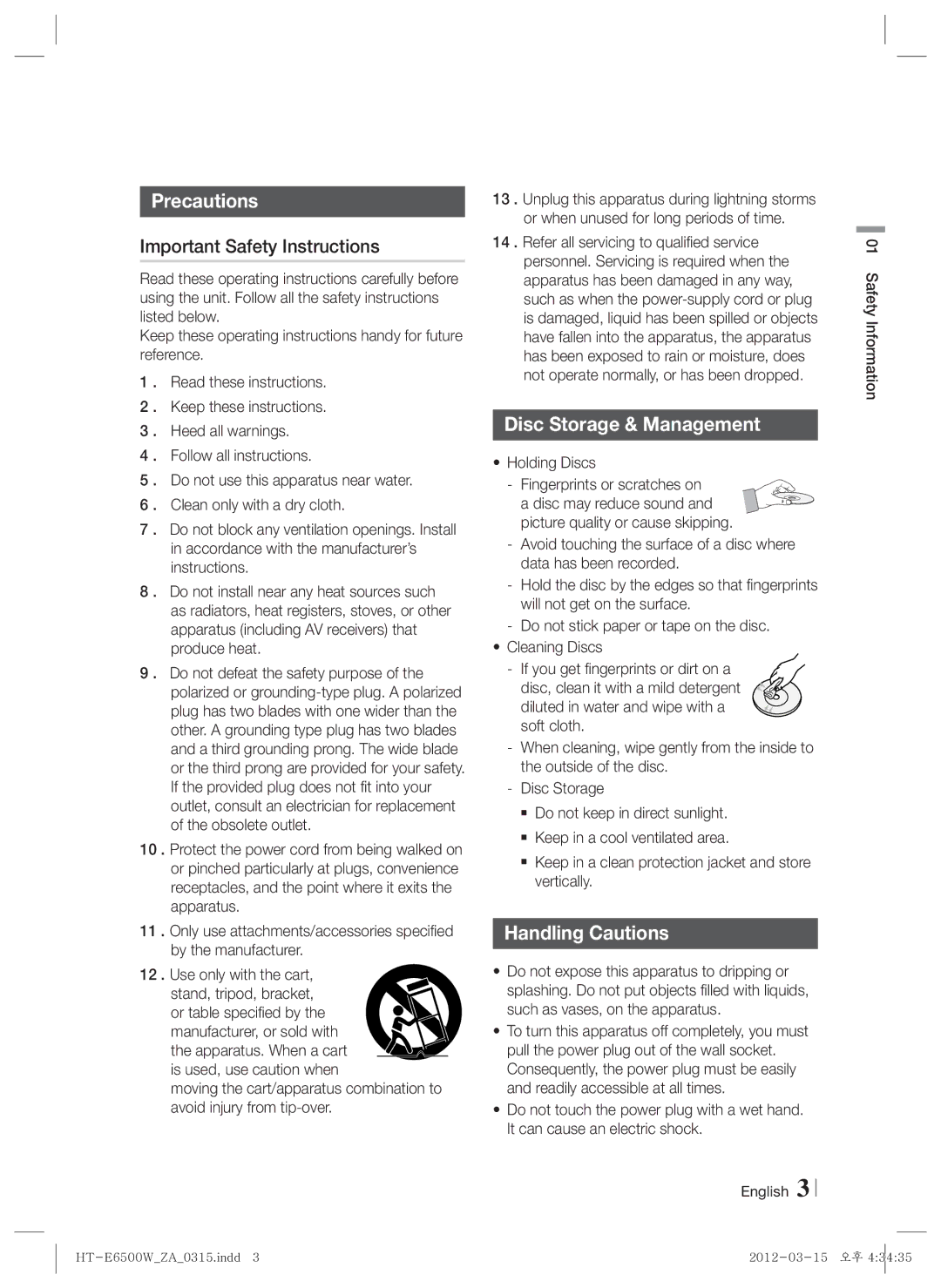 Samsung HTE6500WZA Precautions, Important Safety Instructions, Disc Storage & Management, Handling Cautions, Holding Discs 