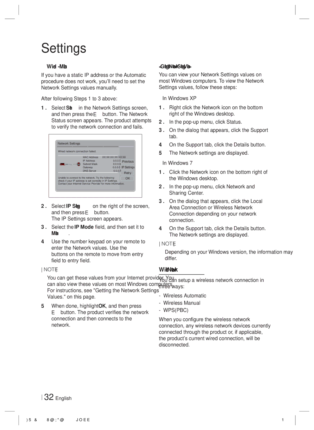 Samsung HT-E6500W, HTE6500WZA user manual Wireless Network, Wired Manual, Getting the Network Settings Values, Wpspbc 