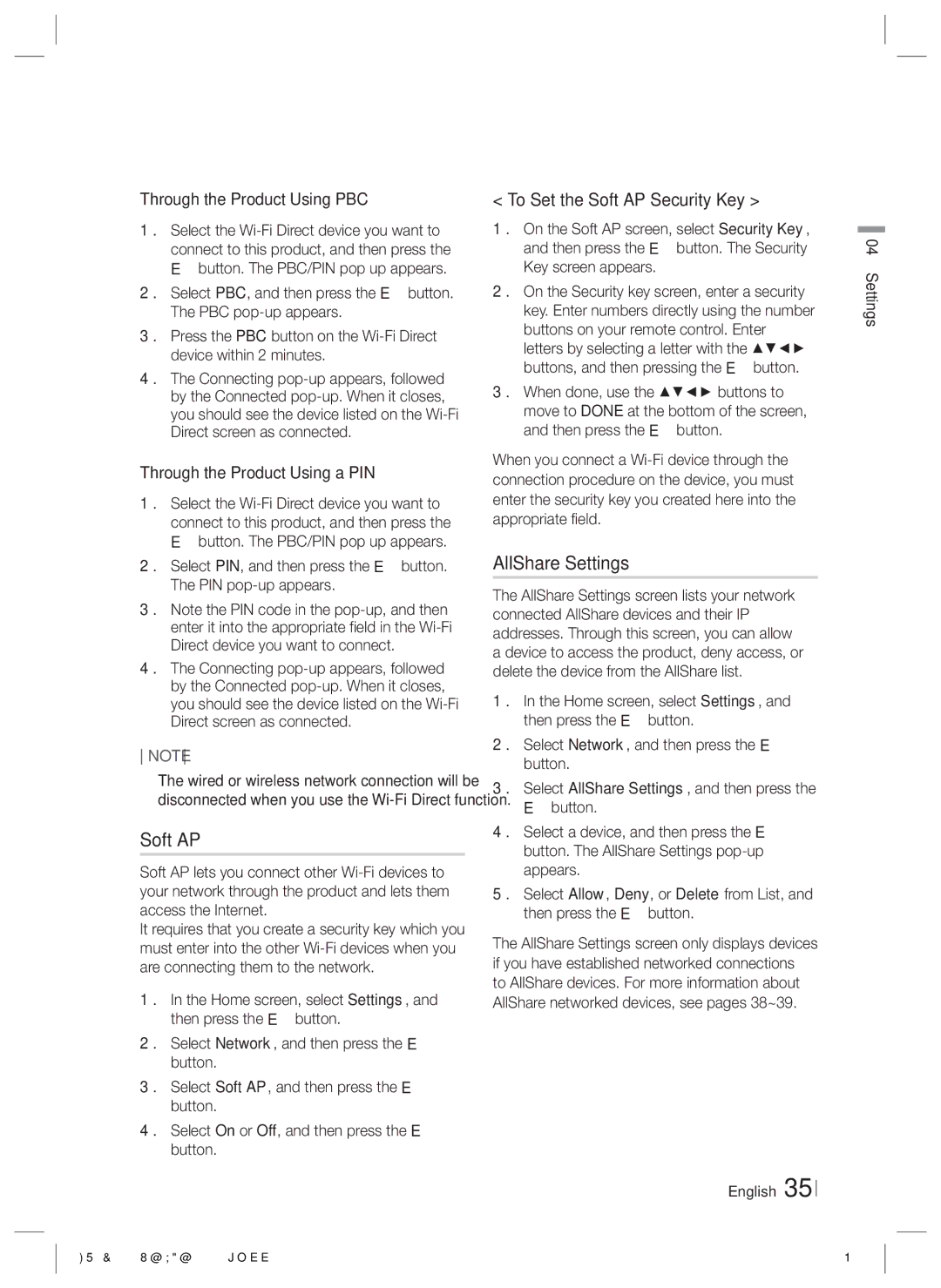 Samsung HTE6500WZA, HT-E6500W user manual AllShare Settings, To Set the Soft AP Security Key 