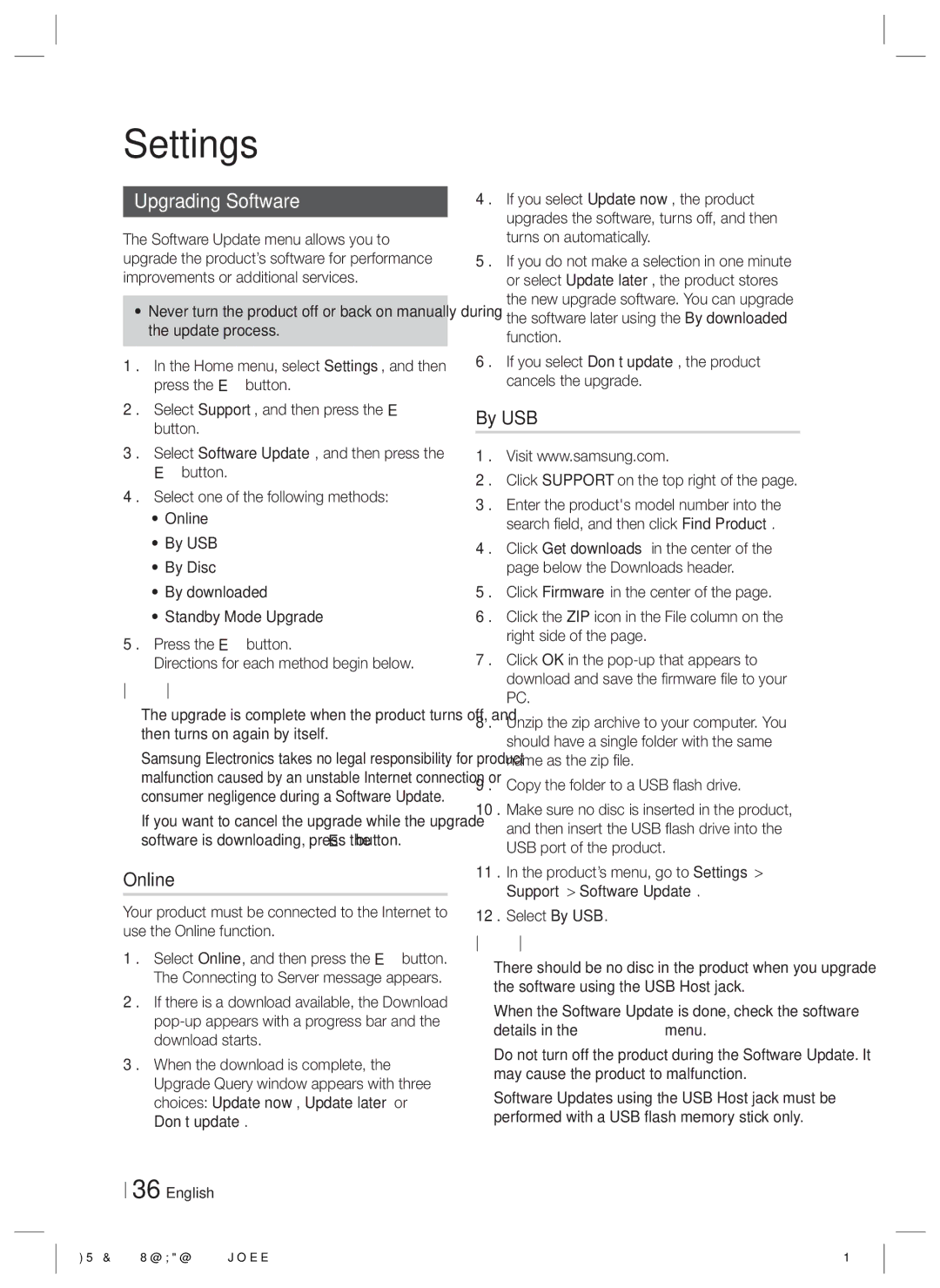 Samsung HT-E6500W, HTE6500WZA user manual Upgrading Software, Online, By USB, Click Support on the top right 