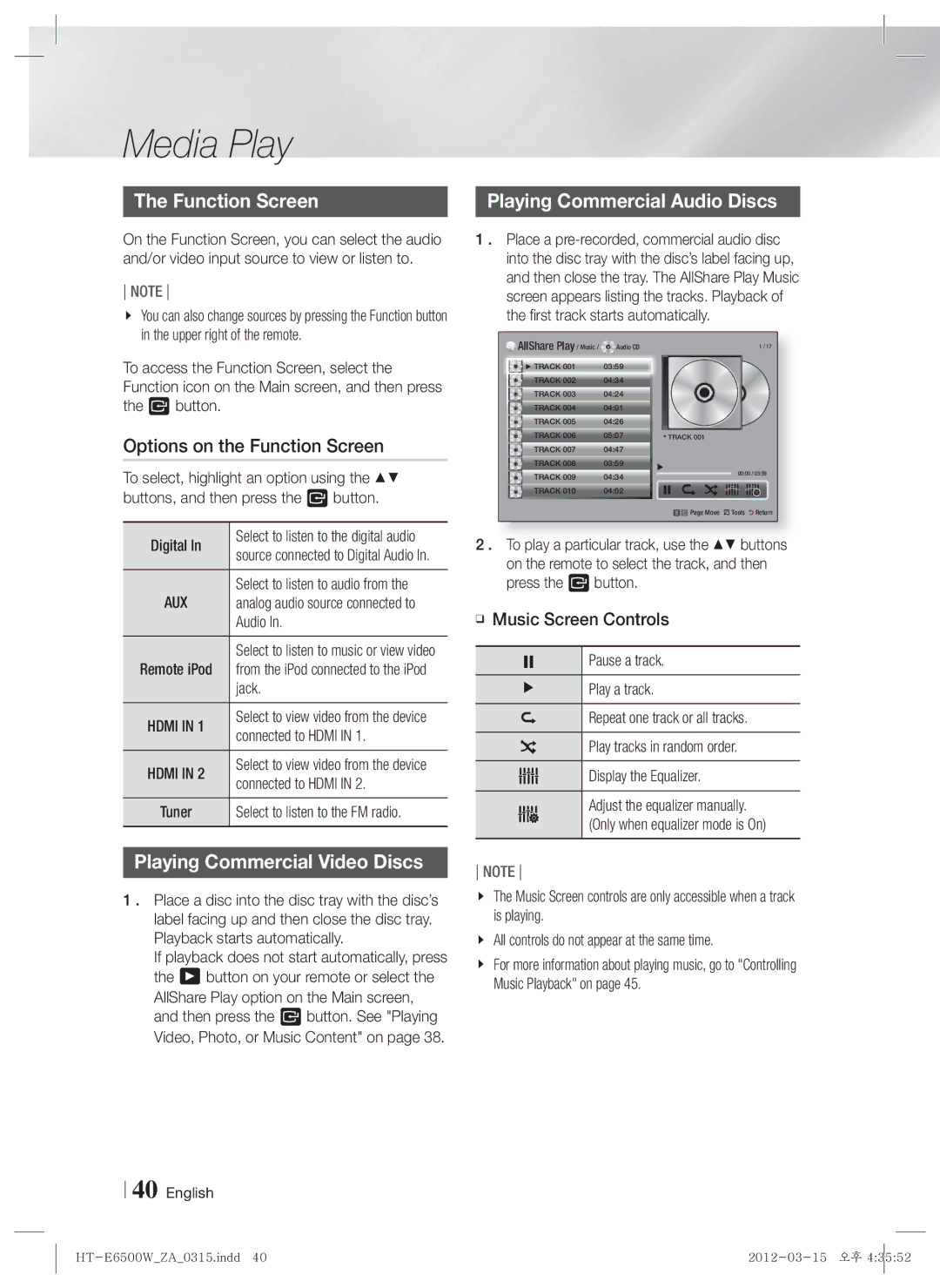 Samsung HT-E6500W Options on the Function Screen, Playing Commercial Audio Discs, Playing Commercial Video Discs 