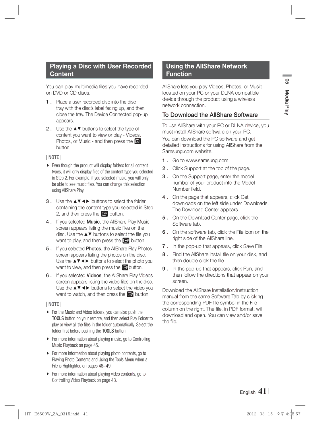 Samsung HTE6500WZA, HT-E6500W user manual Playing a Disc with User Recorded Content, Using the AllShare Network Function 