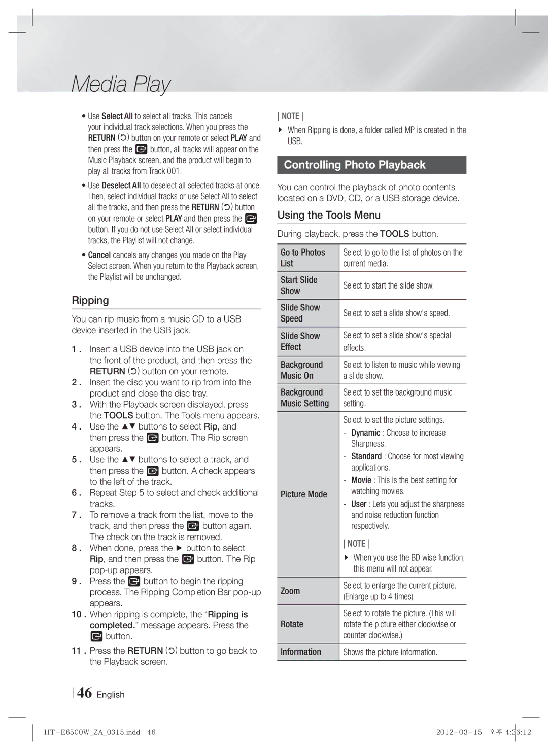 Samsung HT-E6500W, HTE6500WZA user manual Ripping, Controlling Photo Playback 