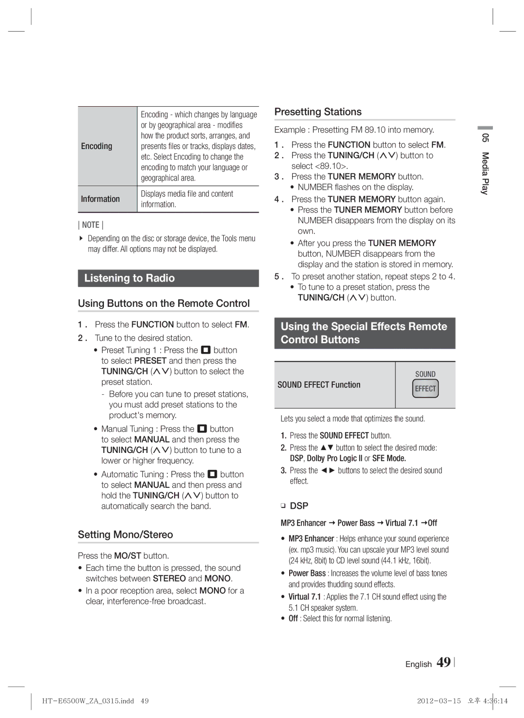 Samsung HTE6500WZA Listening to Radio, Using Buttons on the Remote Control, Setting Mono/Stereo, Presetting Stations 