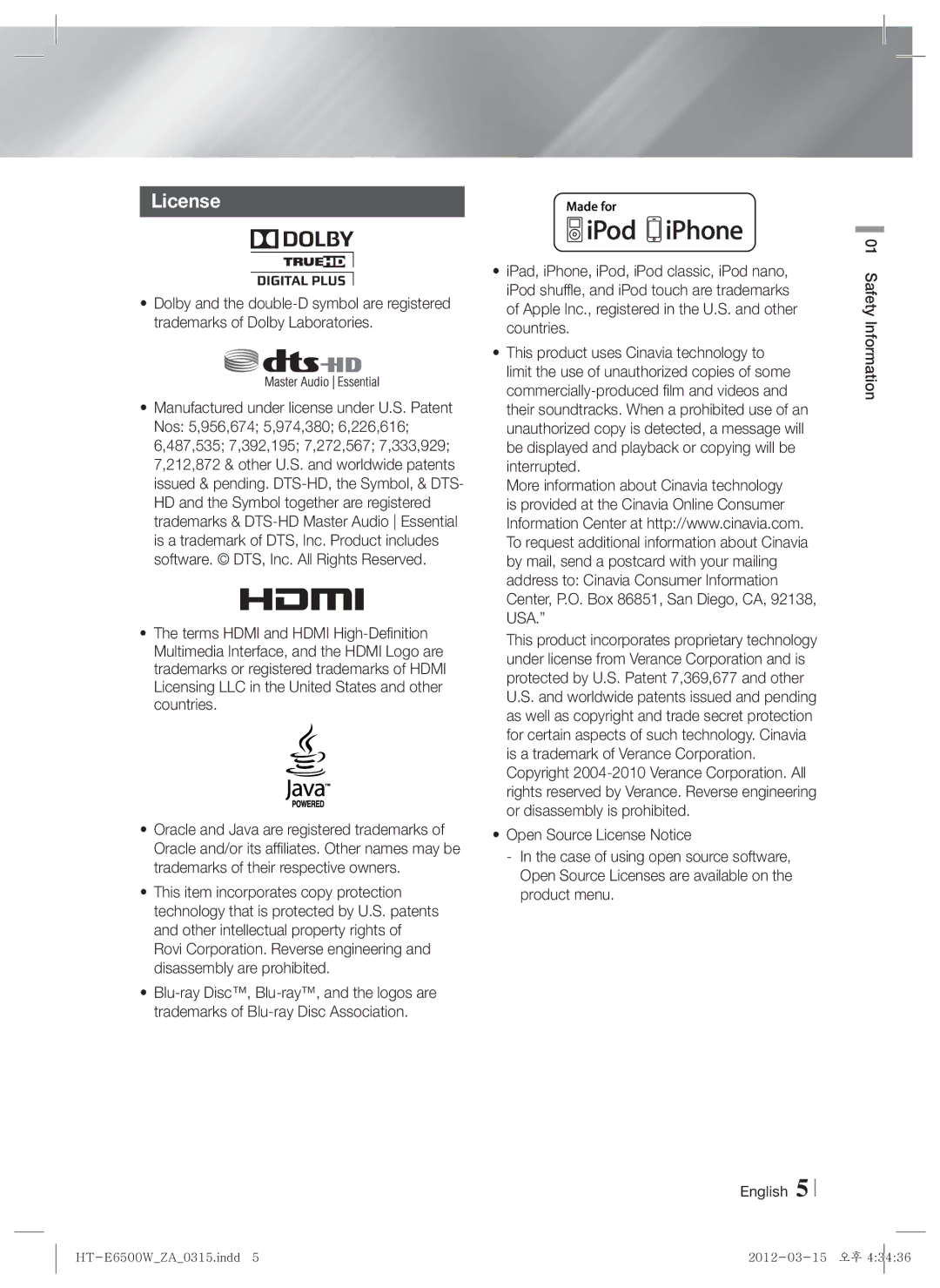 Samsung HTE6500WZA, HT-E6500W user manual License 