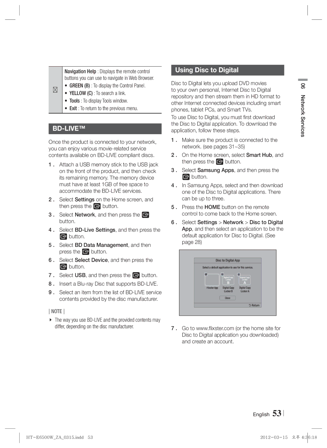 Samsung HTE6500WZA, HT-E6500W user manual Bd-Live, Using Disc to Digital 