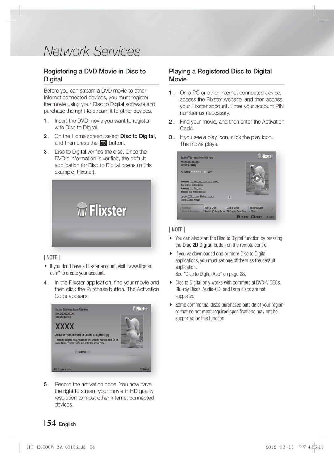 Samsung HT-E6500W, HTE6500WZA Registering a DVD Movie in Disc to Digital, Playing a Registered Disc to Digital Movie 