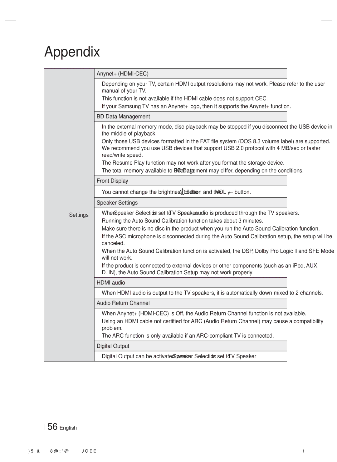 Samsung HT-E6500W, HTE6500WZA user manual Settings, Hdmi audio 