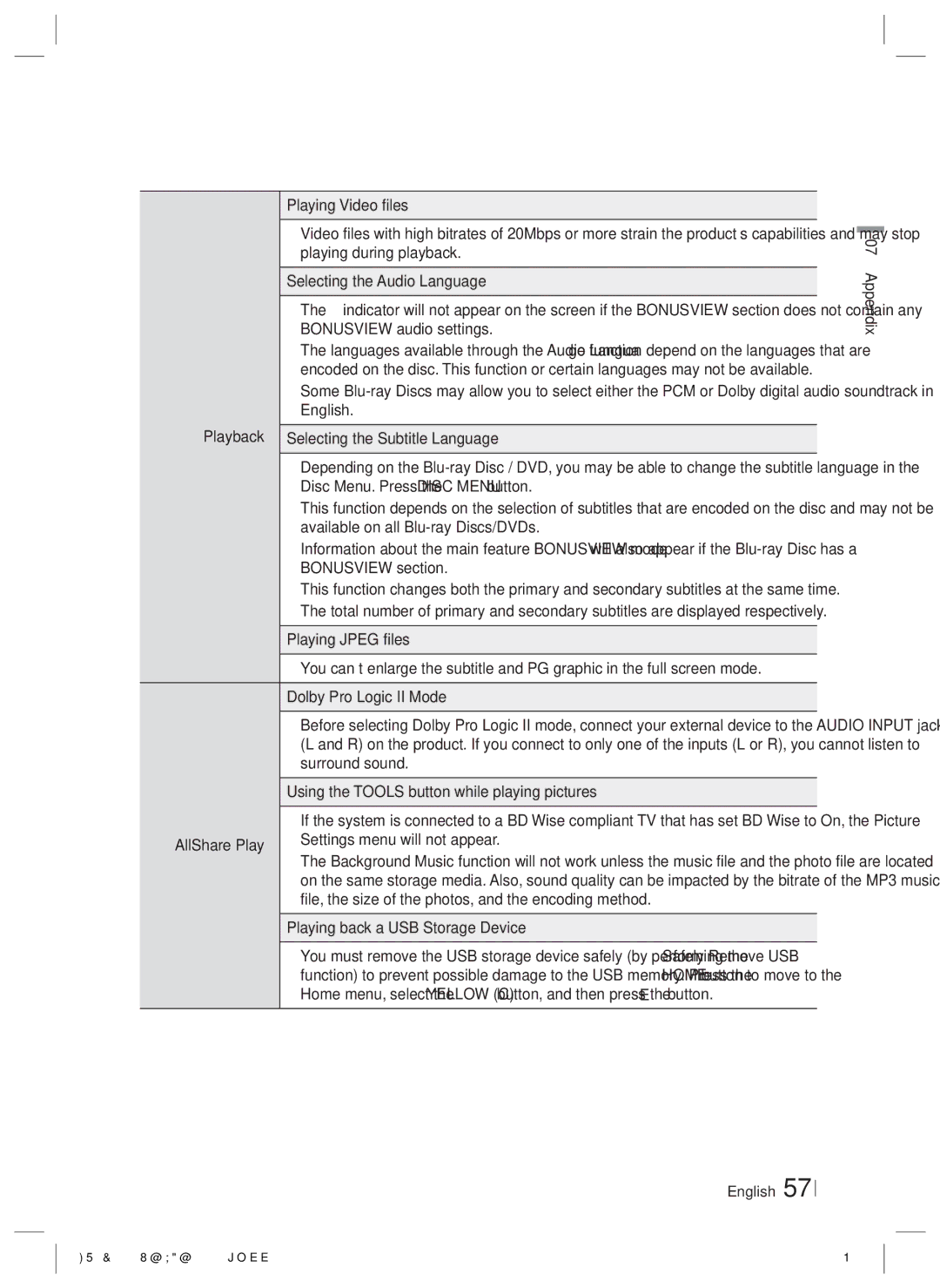 Samsung HTE6500WZA, HT-E6500W user manual AllShare Play, Playing back a USB Storage Device 