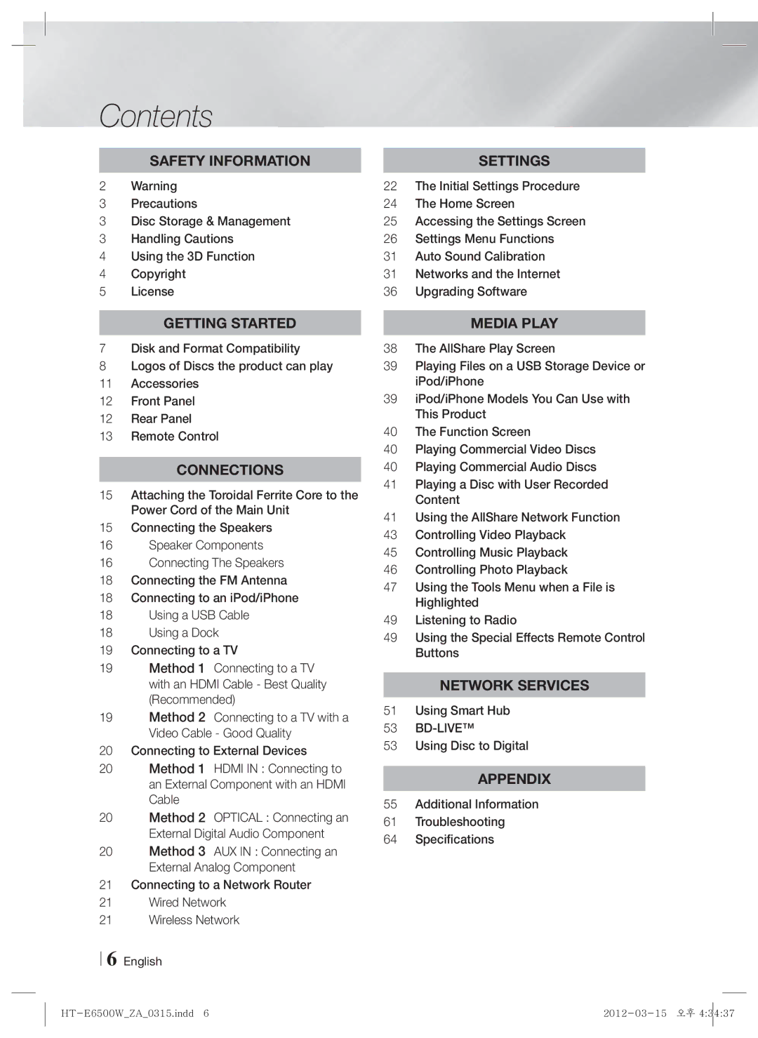 Samsung HT-E6500W, HTE6500WZA user manual Contents 