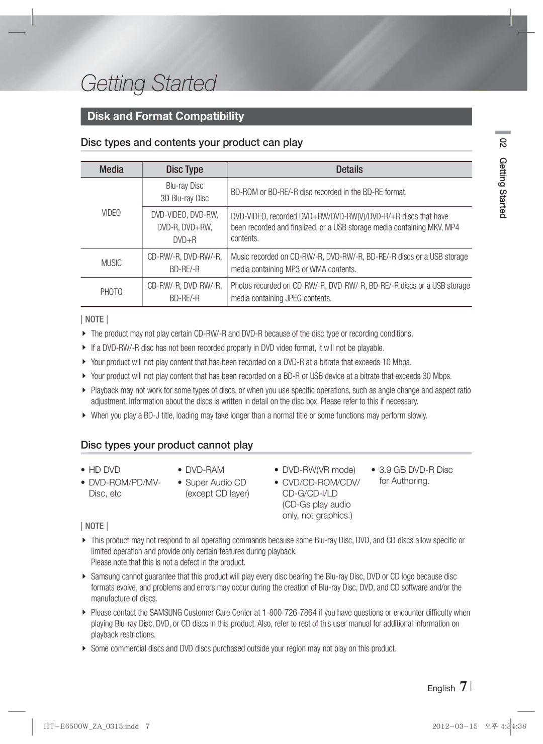 Samsung HTE6500WZA Getting Started, Disk and Format Compatibility, Disc types and contents your product can play 