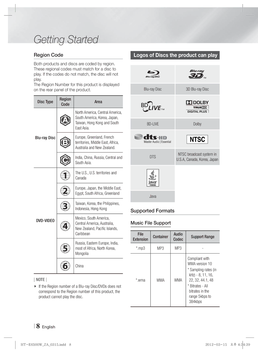 Samsung HT-E6500W, HTE6500WZA Region Code, Logos of Discs the product can play, Supported Formats, Music File Support, Dts 