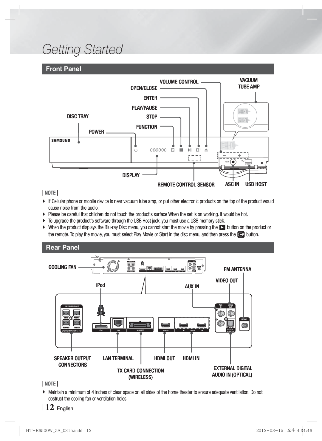 Samsung HT-E6500W, HTE6500WZA user manual Front Panel, Rear Panel, Getting Started, Note 