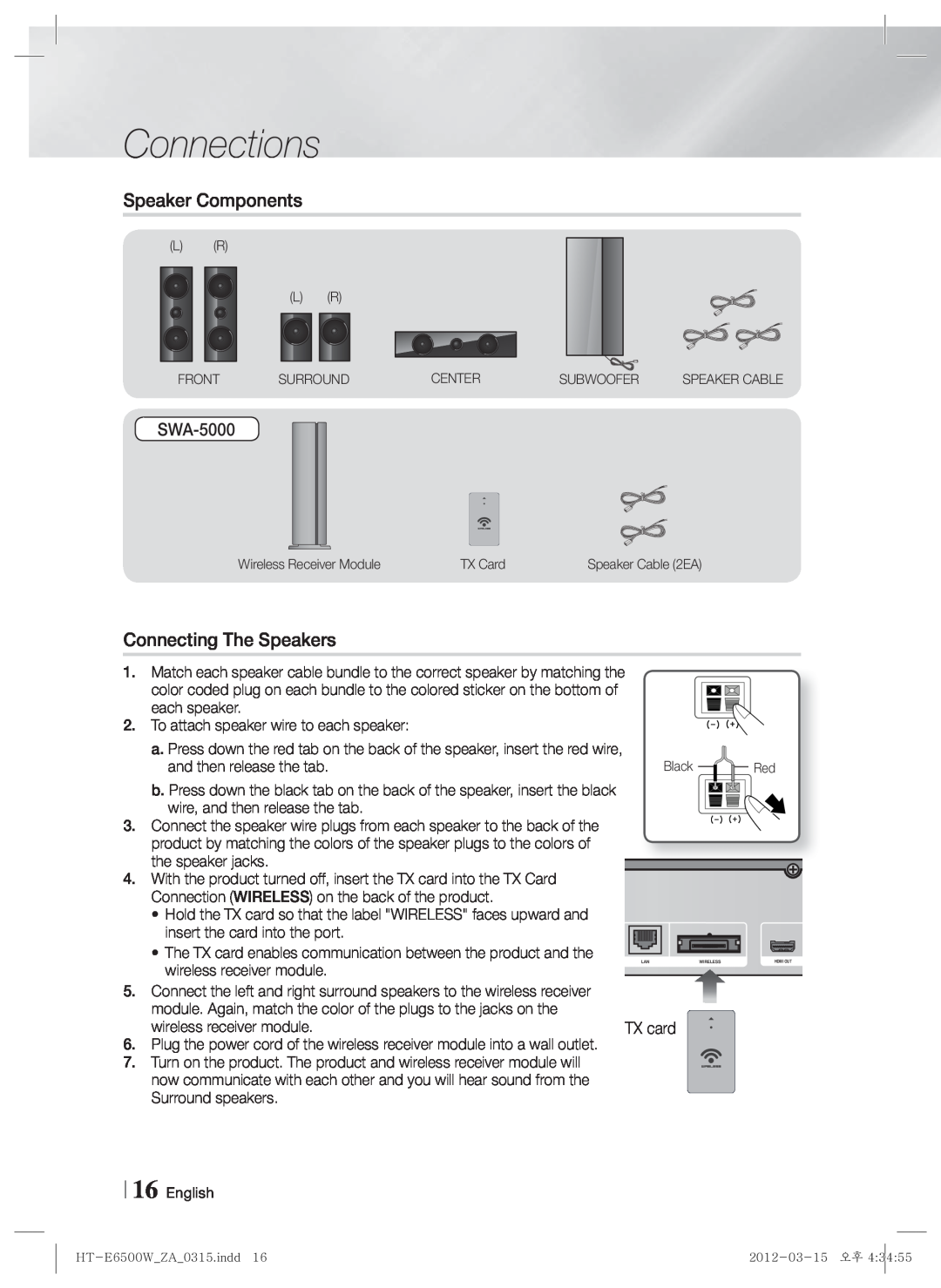 Samsung HT-E6500W, HTE6500WZA Connections, Speaker Components, Connecting The Speakers, SWA-5000, wireless receiver module 