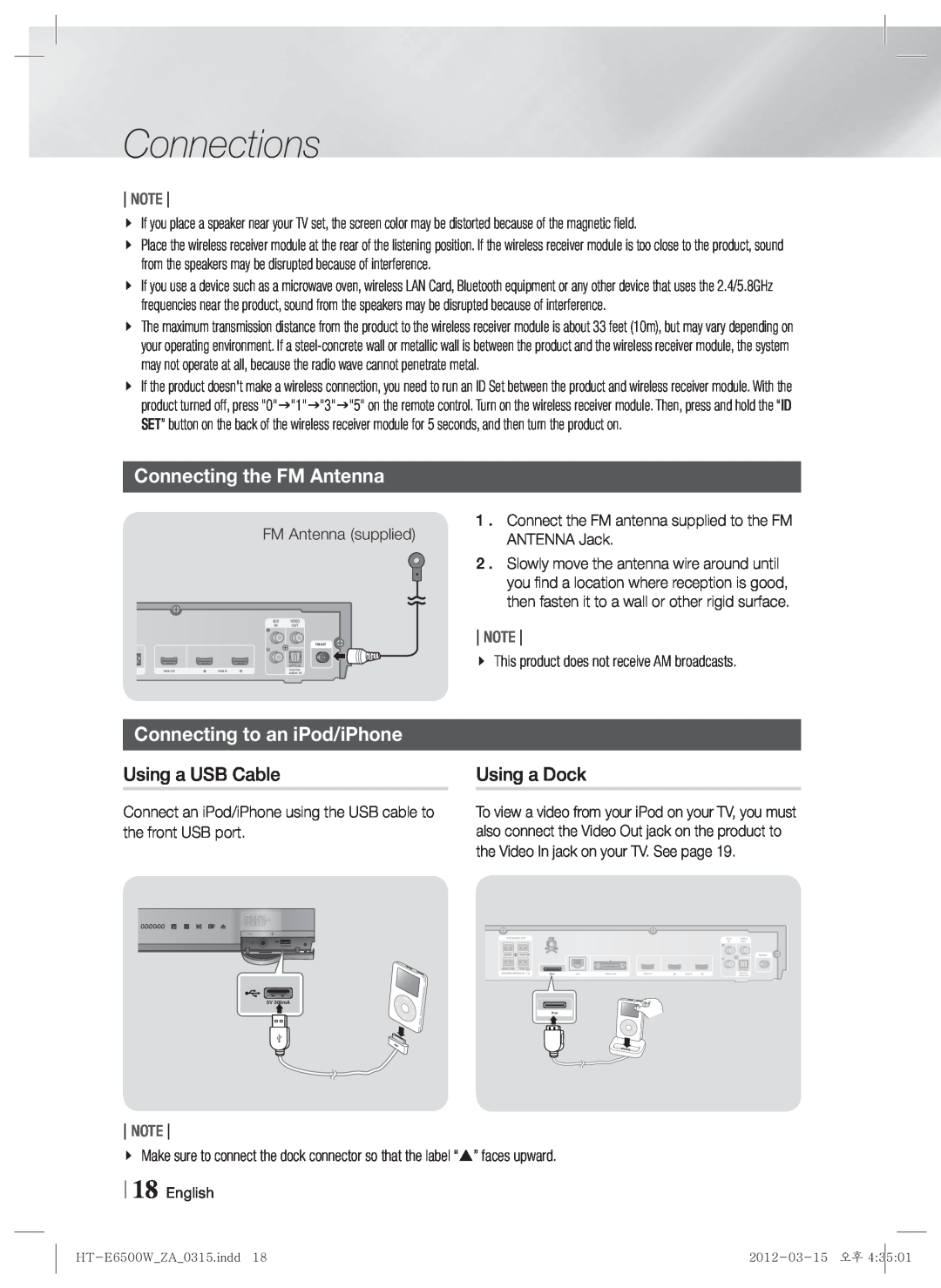 Samsung HT-E6500W, HTE6500WZA user manual Connecting the FM Antenna, Connecting to an iPod/iPhone, Connections, Note 