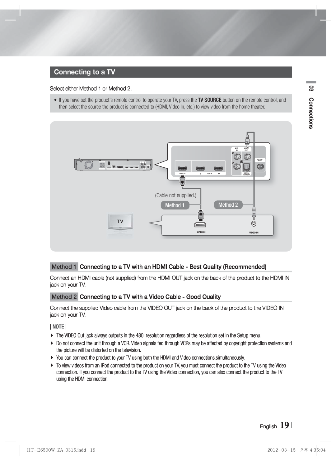 Samsung HTE6500WZA, HT-E6500W user manual Connecting to a TV, Method, Note 