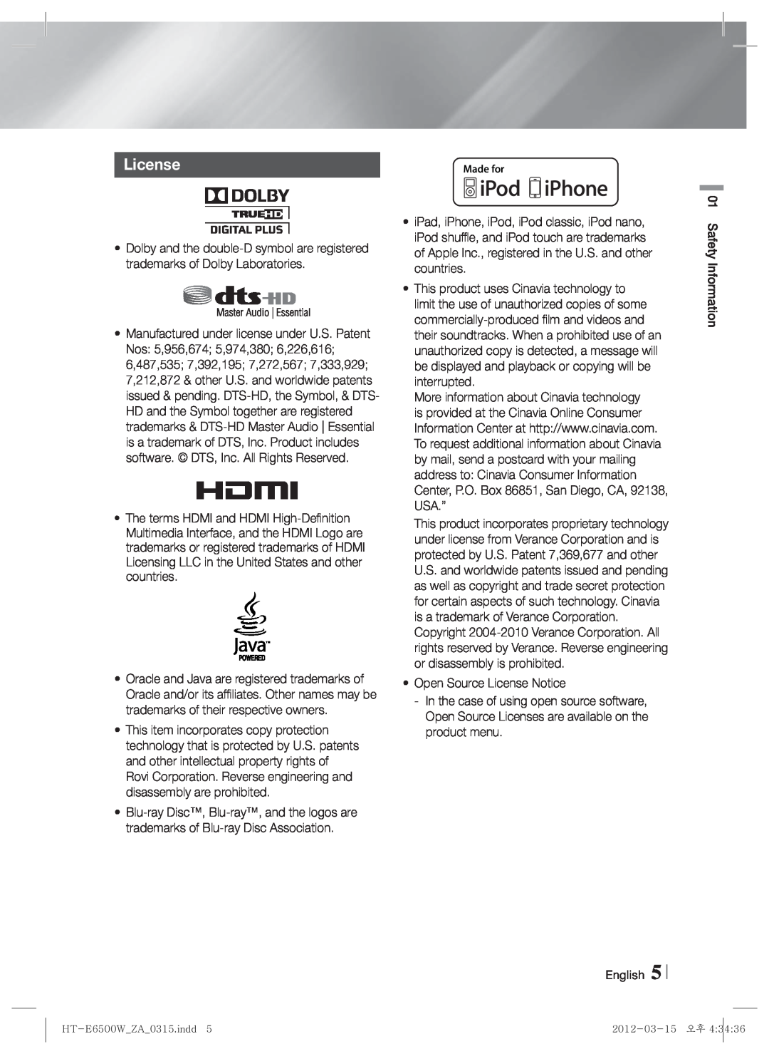 Samsung HTE6500WZA, HT-E6500W user manual License 
