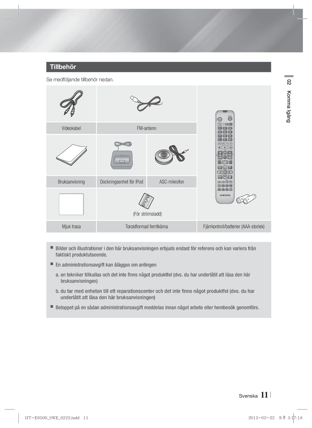 Samsung HT-E6500/XE manual Tillbehör, Se medföljande tillbehör nedan, Dockningsenhet för iPod ASC-mikrofon, För strömsladd 