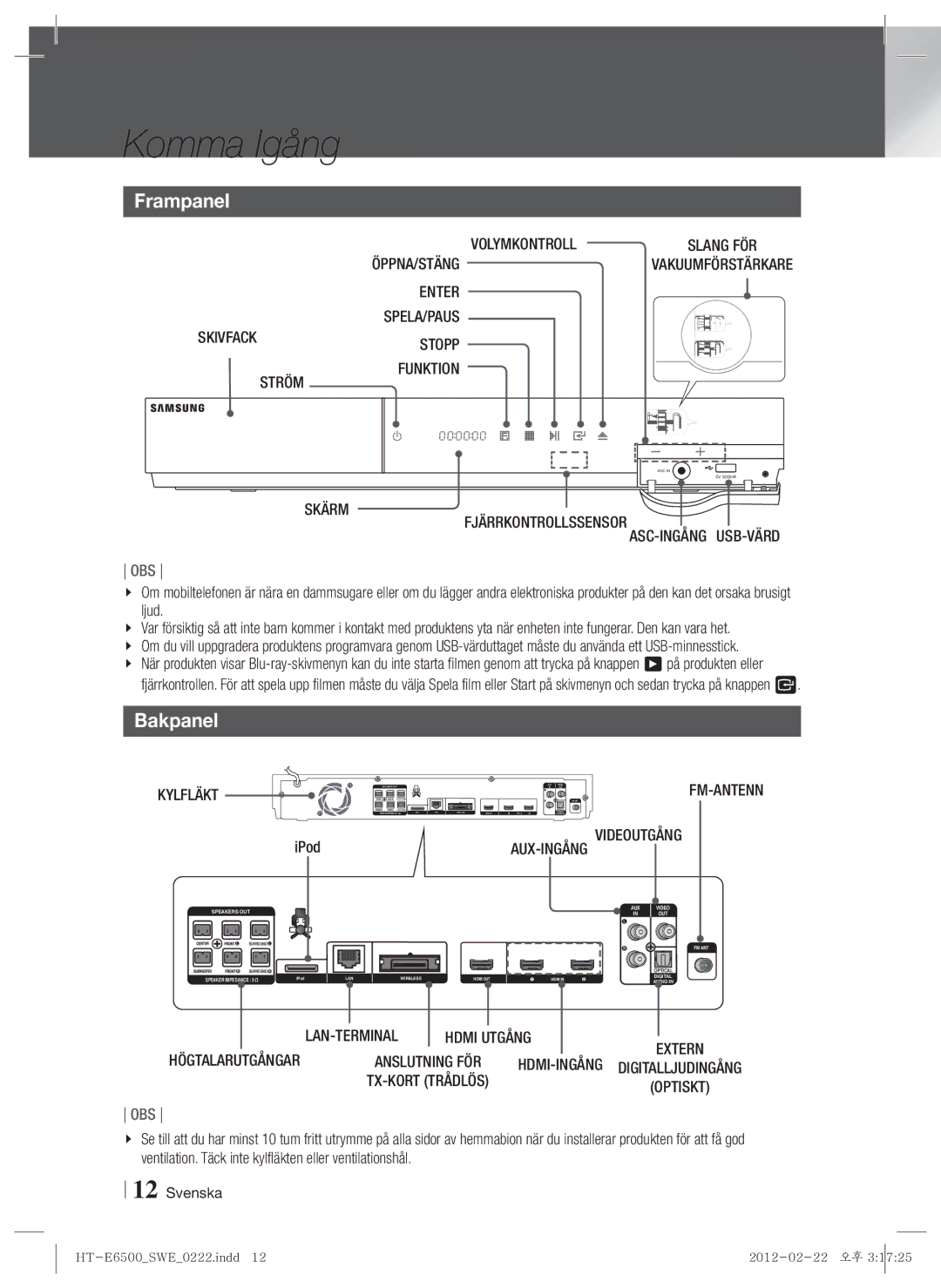 Samsung HT-E6500/XE manual Frampanel, Bakpanel 