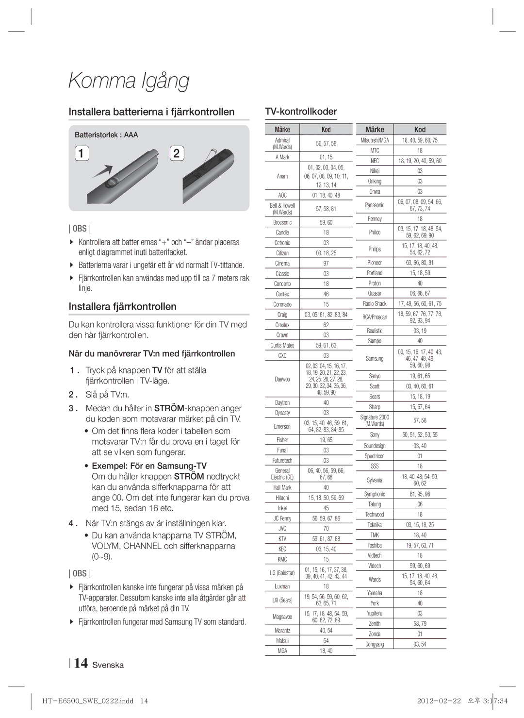 Samsung HT-E6500/XE Installera batterierna i fjärrkontrollen, Installera fjärrkontrollen, TV-kontrollkoder, Märke Kod 