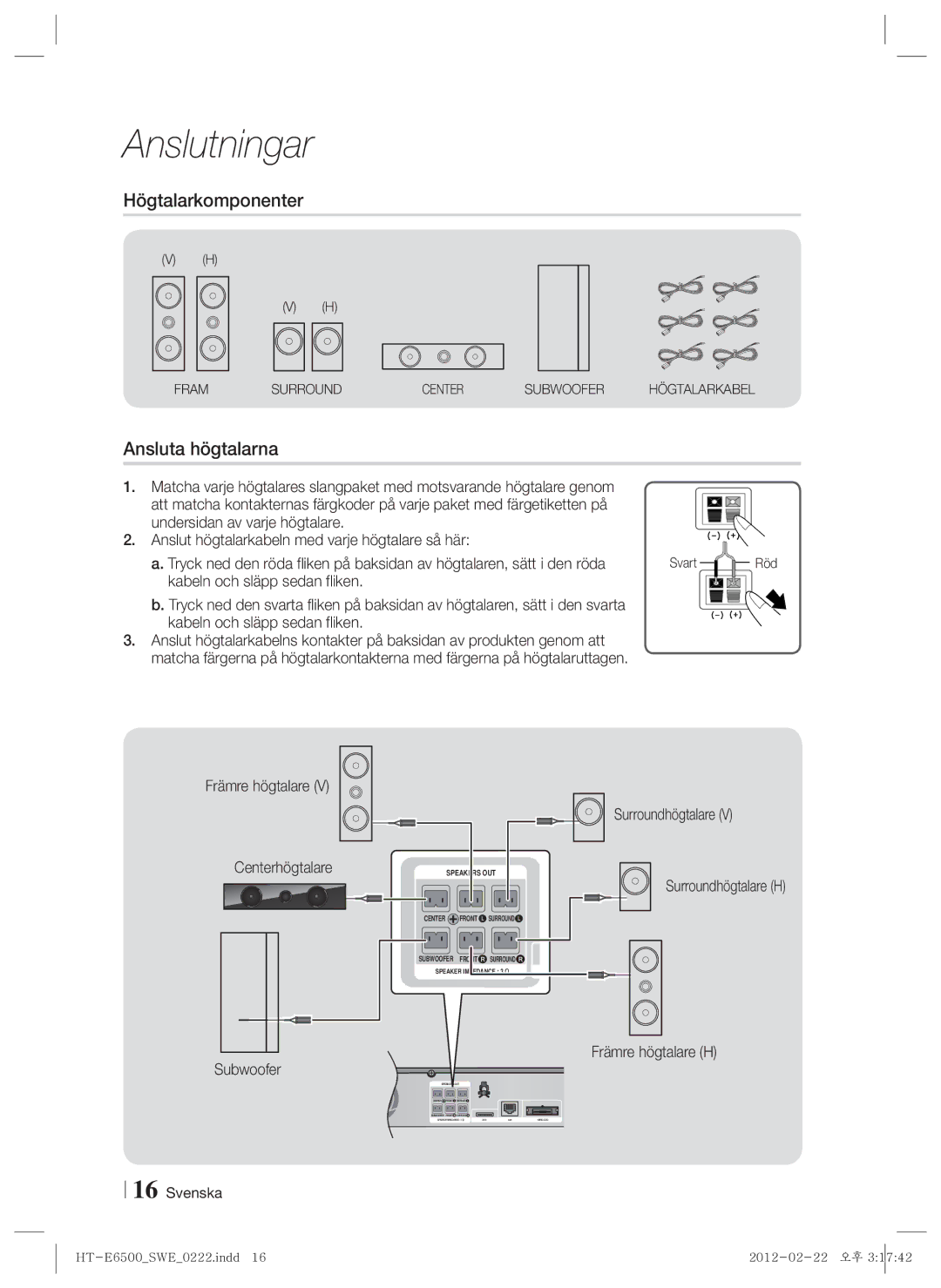 Samsung HT-E6500/XE manual Högtalarkomponenter, Ansluta högtalarna, Surroundhögtalare H, Främre högtalare H 