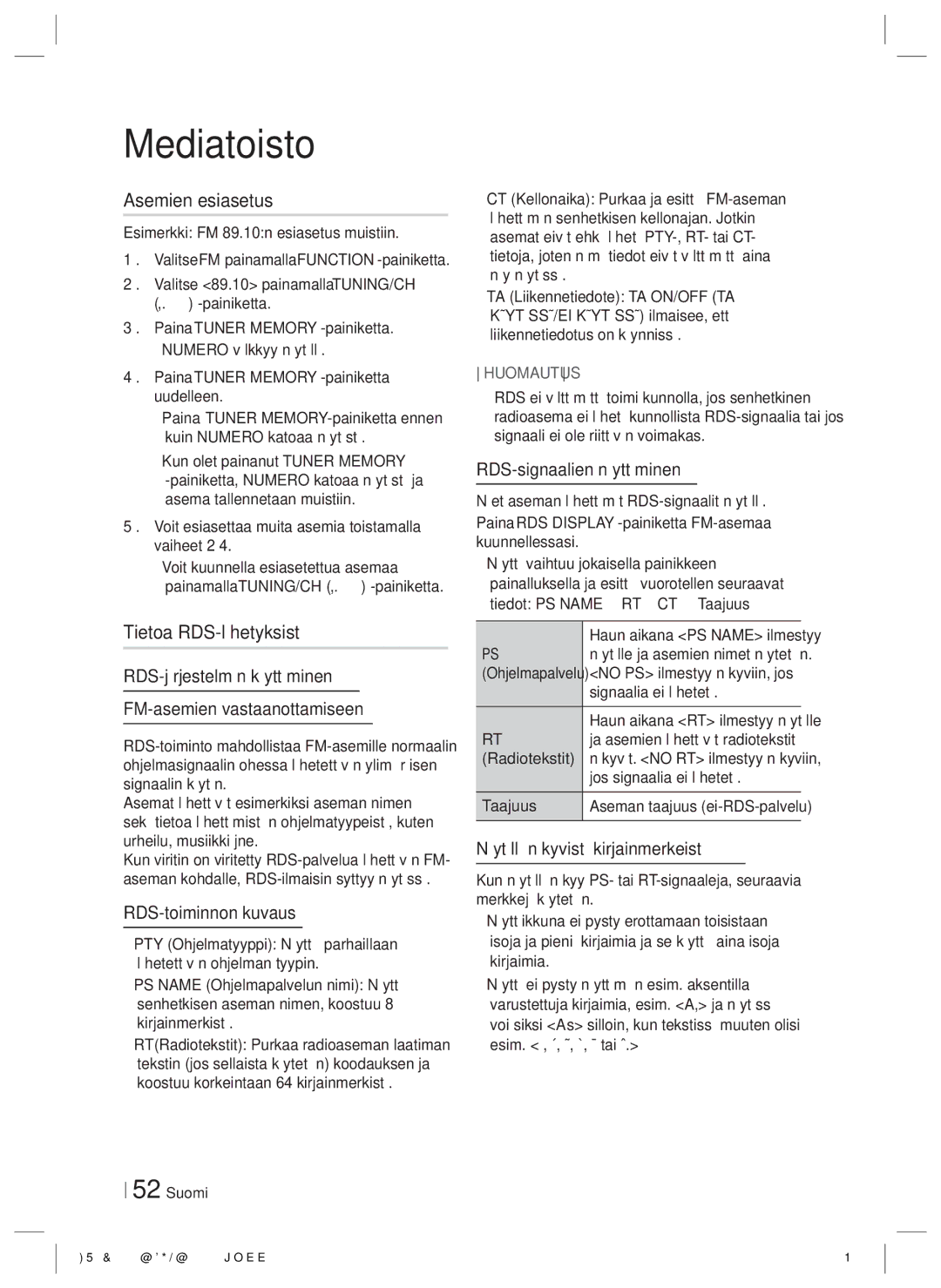 Samsung HT-E6500/XE manual Asemien esiasetus, Tietoa RDS-lähetyksistä 