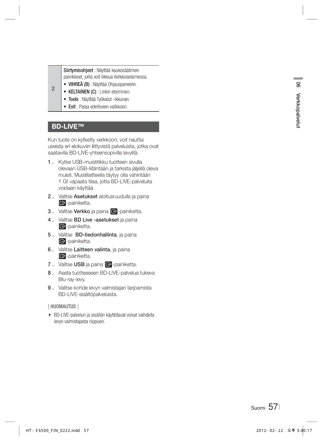 Samsung HT-E6500/XE manual Verkkopalvelut Suomi 