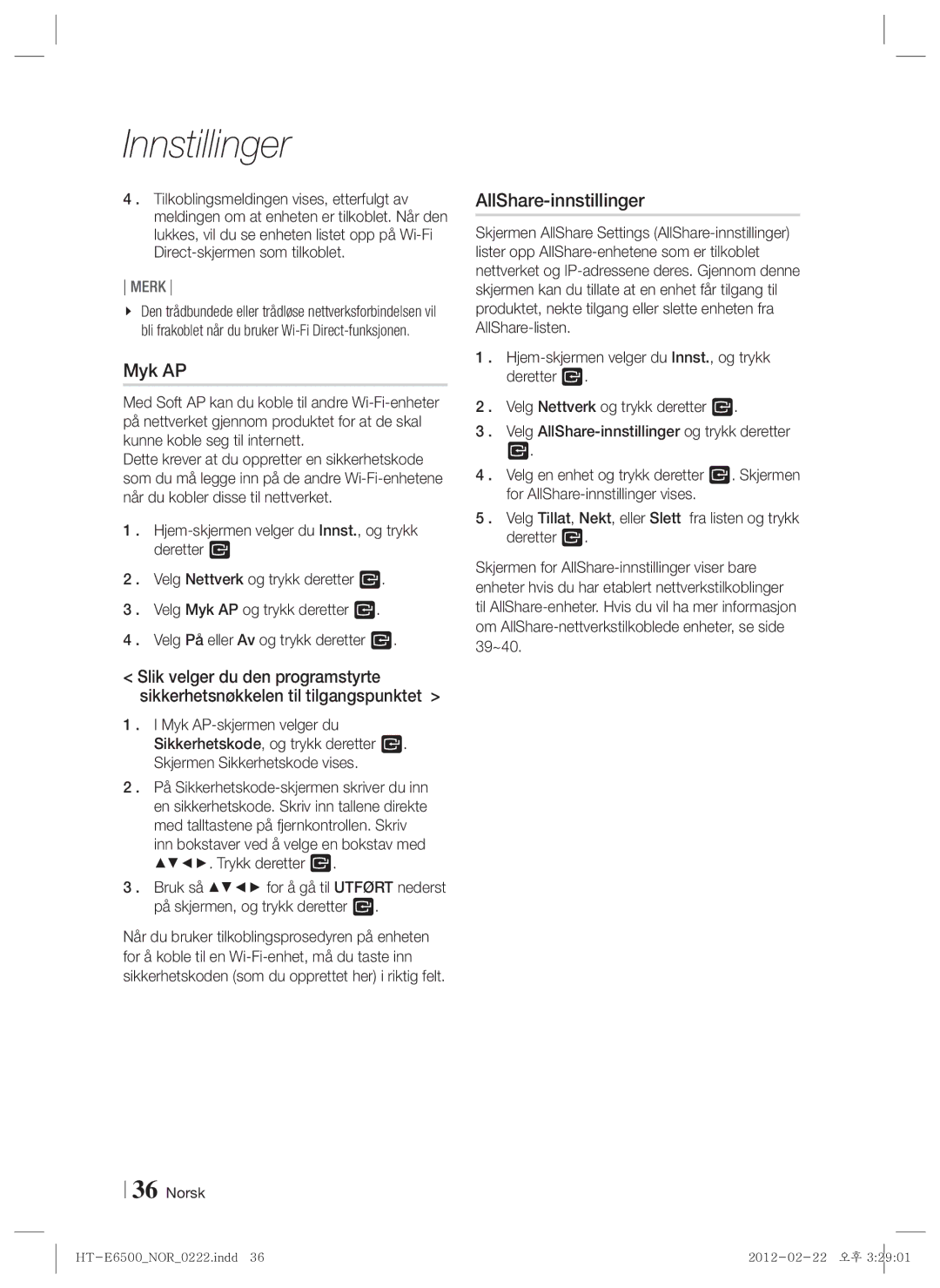 Samsung HT-E6500/XE manual Myk AP, AllShare-innstillinger 